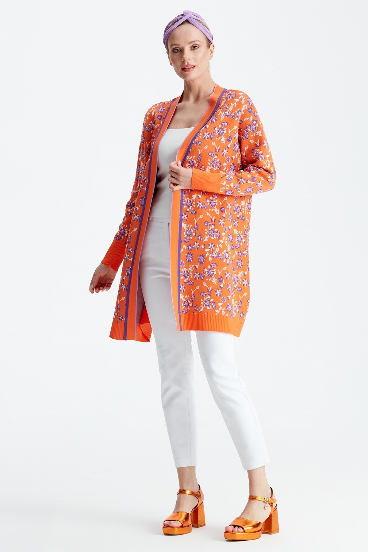 ÇİÇEK DESENLİ RAYON HIRKA ORANJ