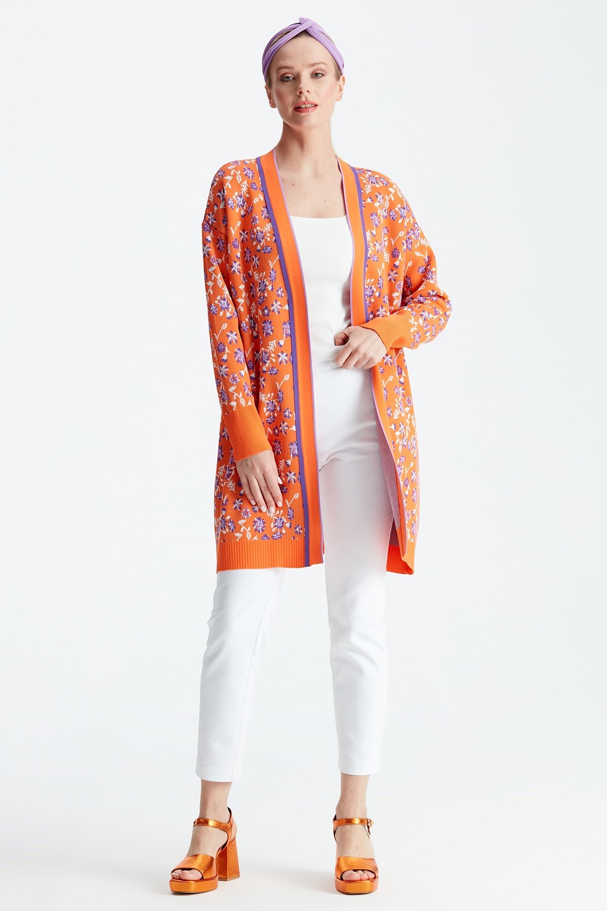 ÇİÇEK DESENLİ RAYON HIRKA ORANJ