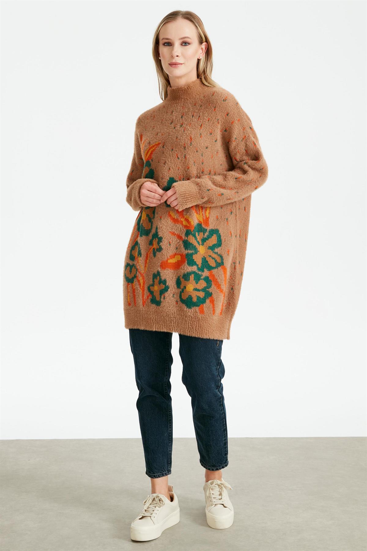 ÇİÇEK DESENLİ TRİKO TUNIK CAMEL
