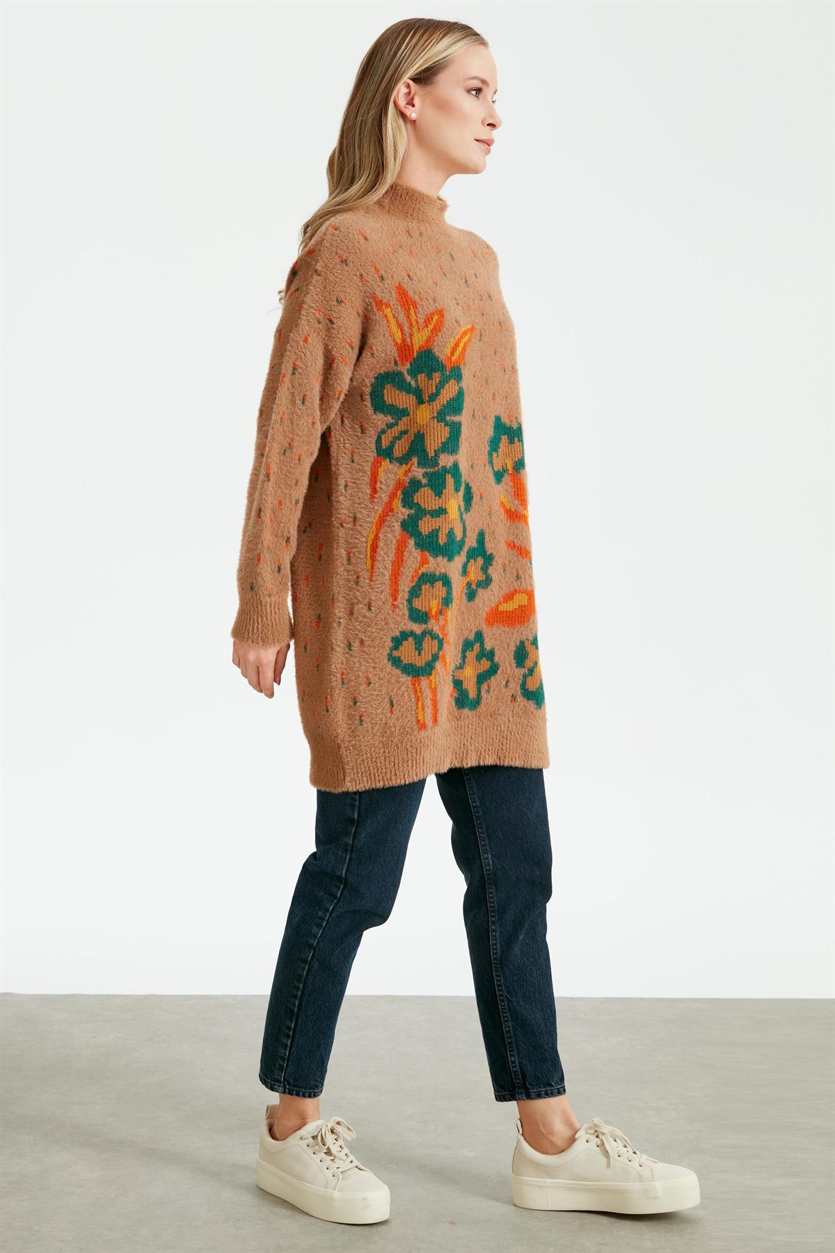 ÇİÇEK DESENLİ TRİKO TUNIK CAMEL