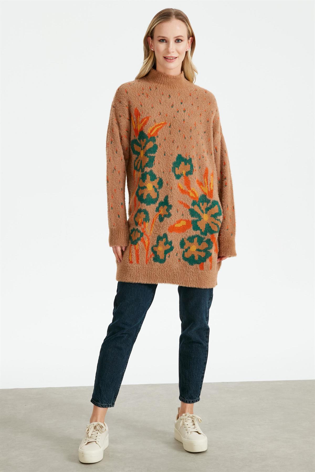 ÇİÇEK DESENLİ TRİKO TUNIK CAMEL