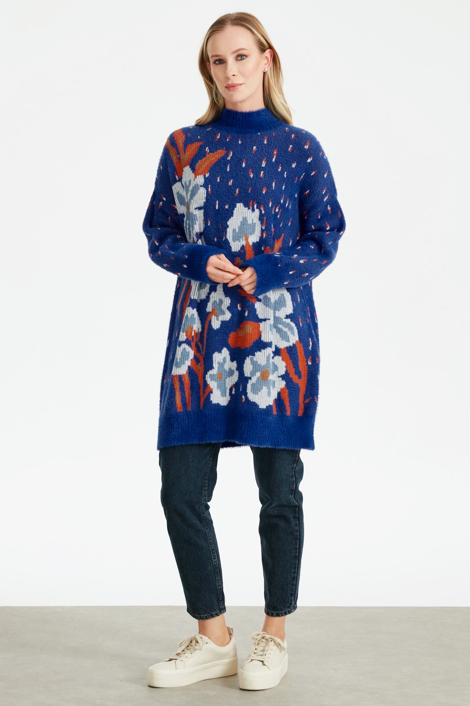 ÇİÇEK DESENLİ TRİKO TUNIK SAKS