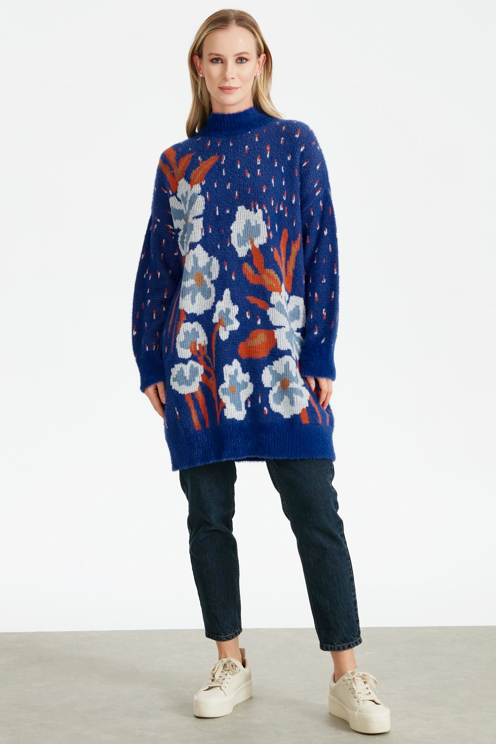 ÇİÇEK DESENLİ TRİKO TUNIK SAKS