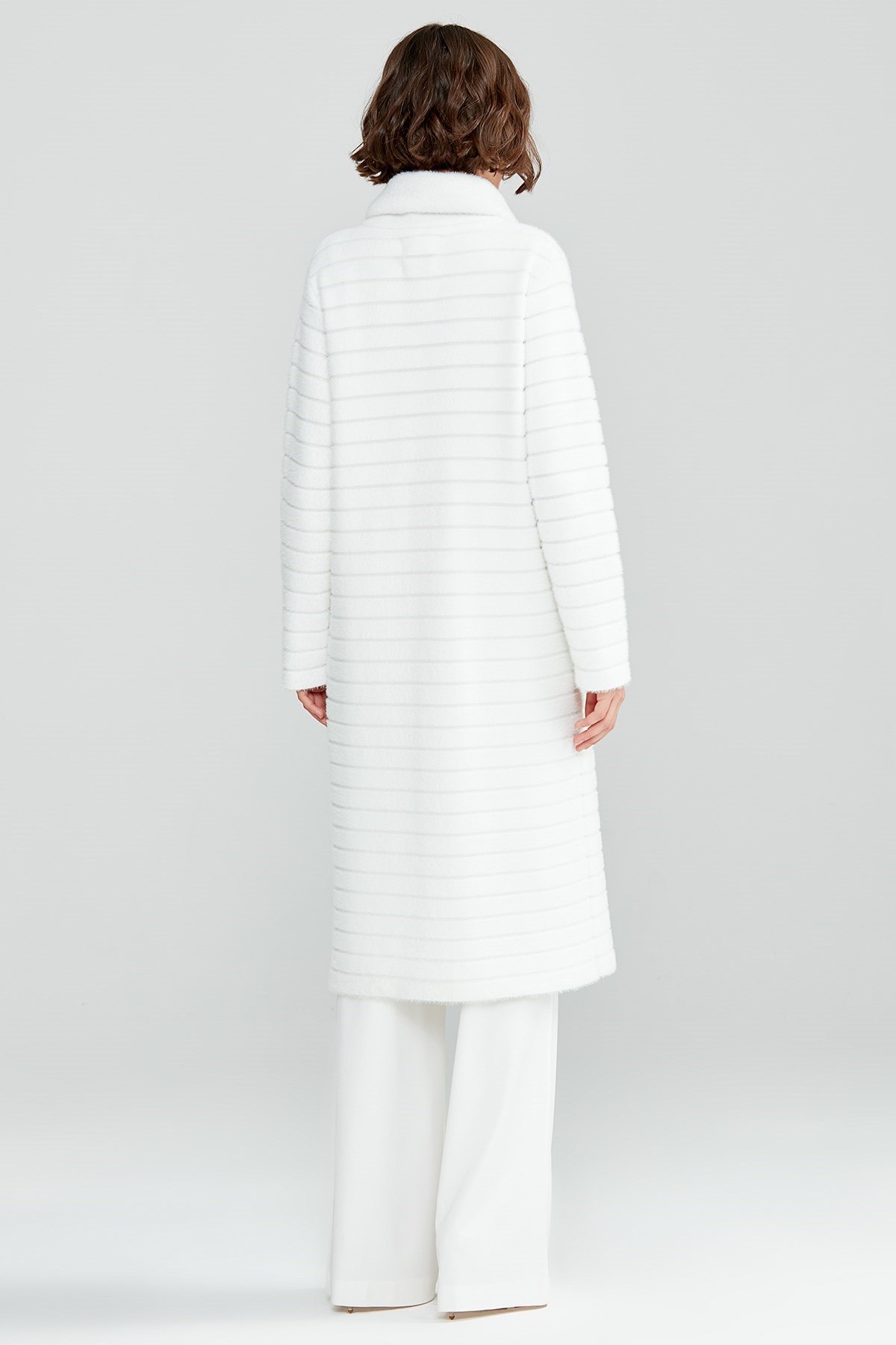 Çizgi Detaylı Angora Triko Kaban EKRU