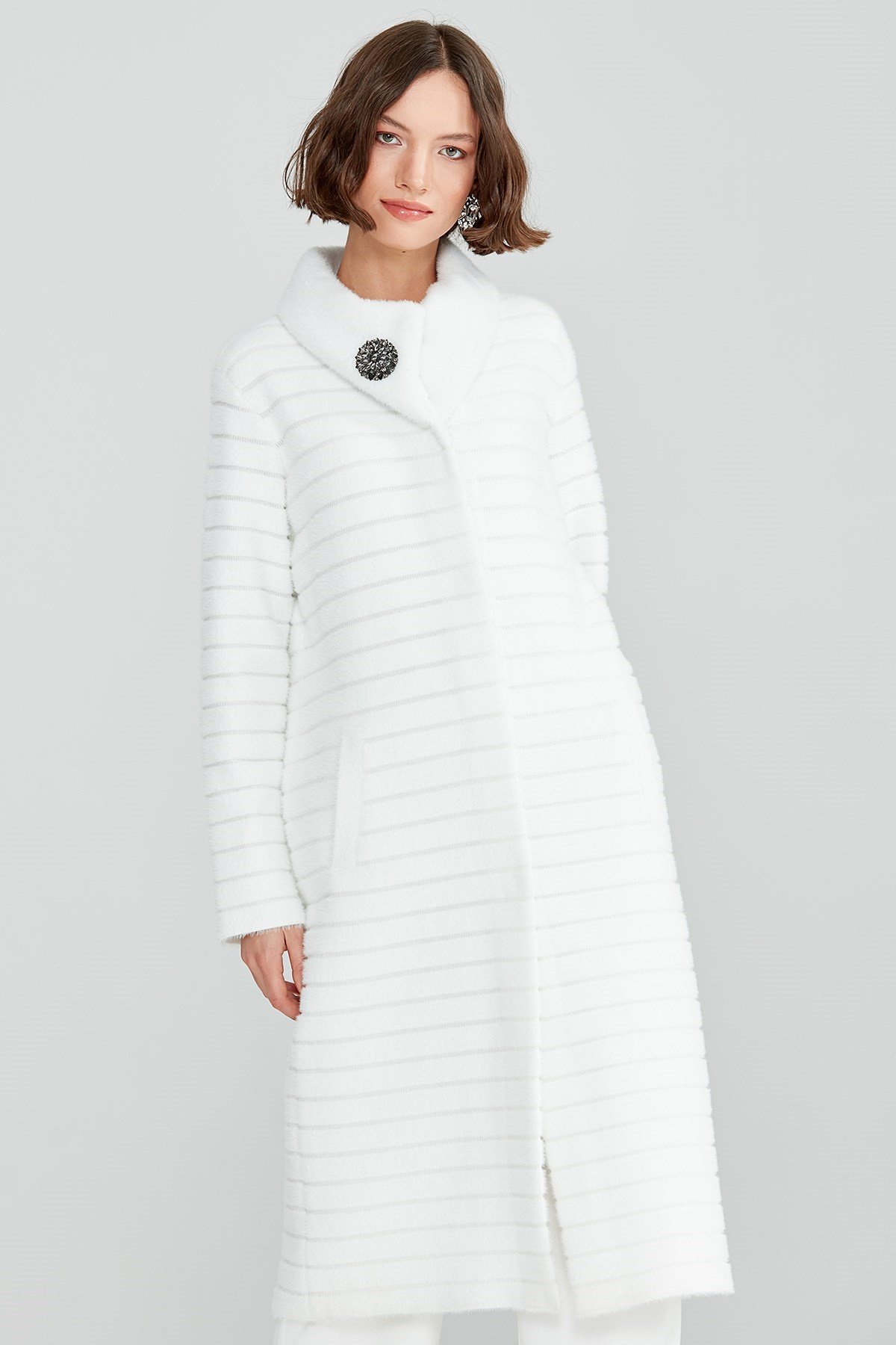 Çizgi Detaylı Angora Triko Kaban EKRU