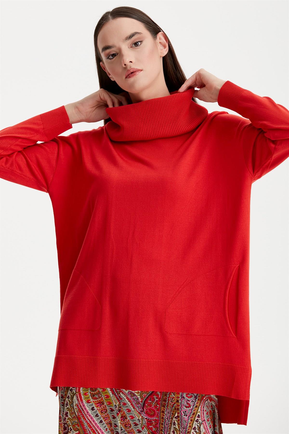 DEGAJE YAKA TRİKO TUNİK KIRMIZI