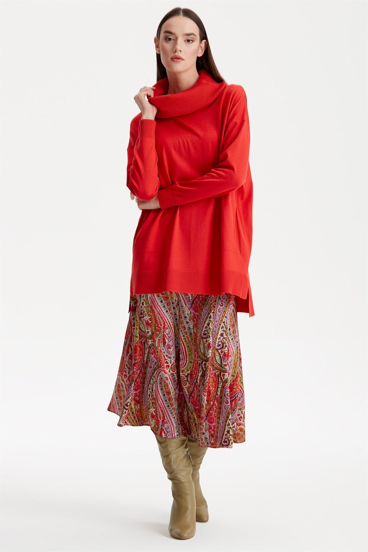 DEGAJE YAKA TRİKO TUNİK KIRMIZI