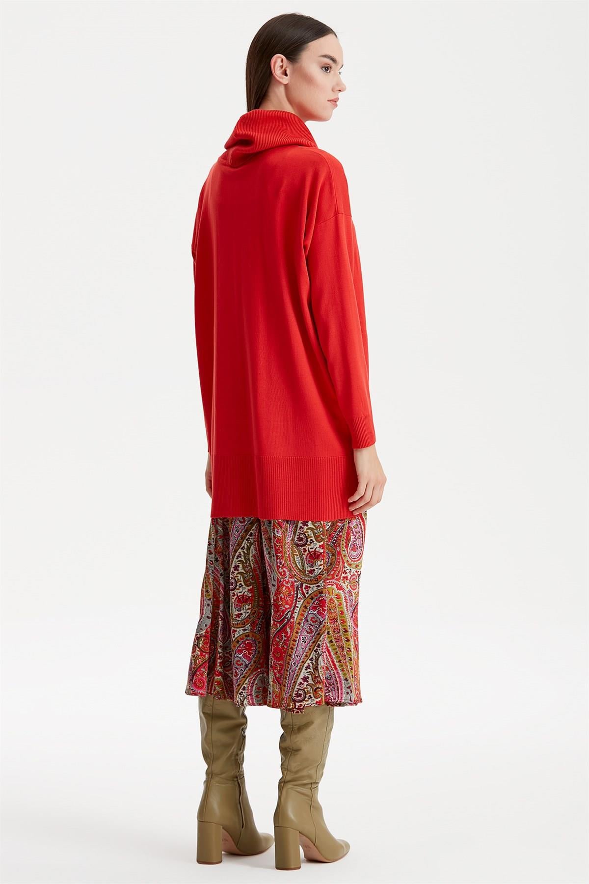 DEGAJE YAKA TRİKO TUNİK KIRMIZI