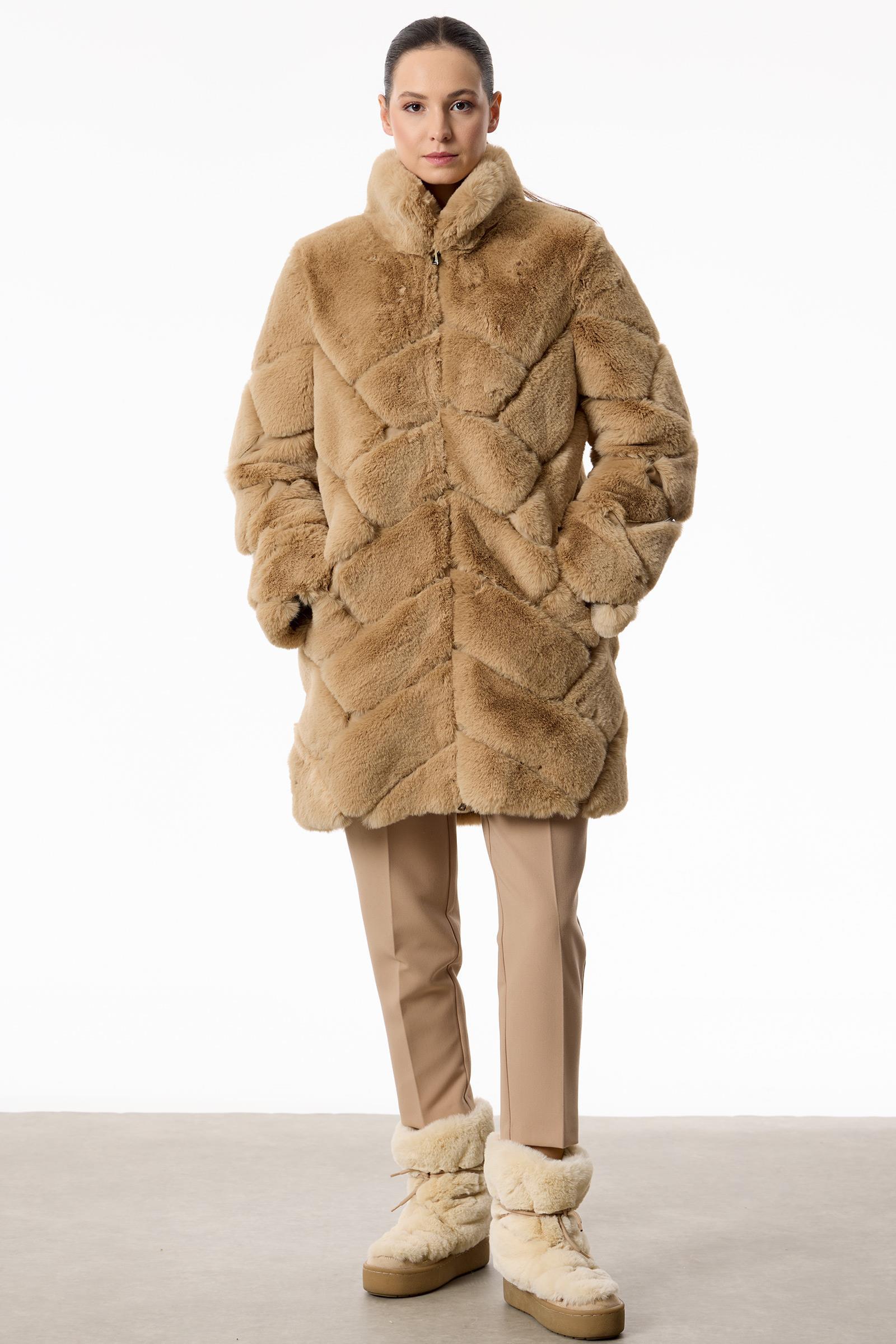 Deri Detaylı Verev Çizgili Kürk Kaban CAMEL