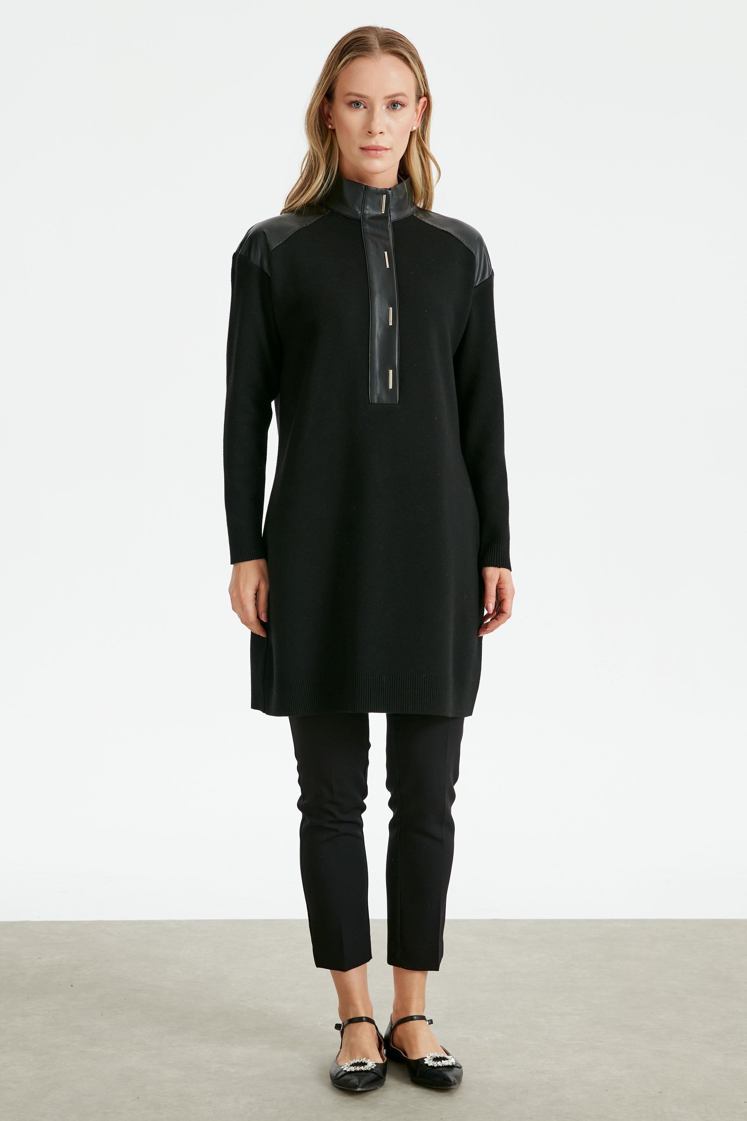 Deri Yarım Patlı Triko Tunik SİYAH