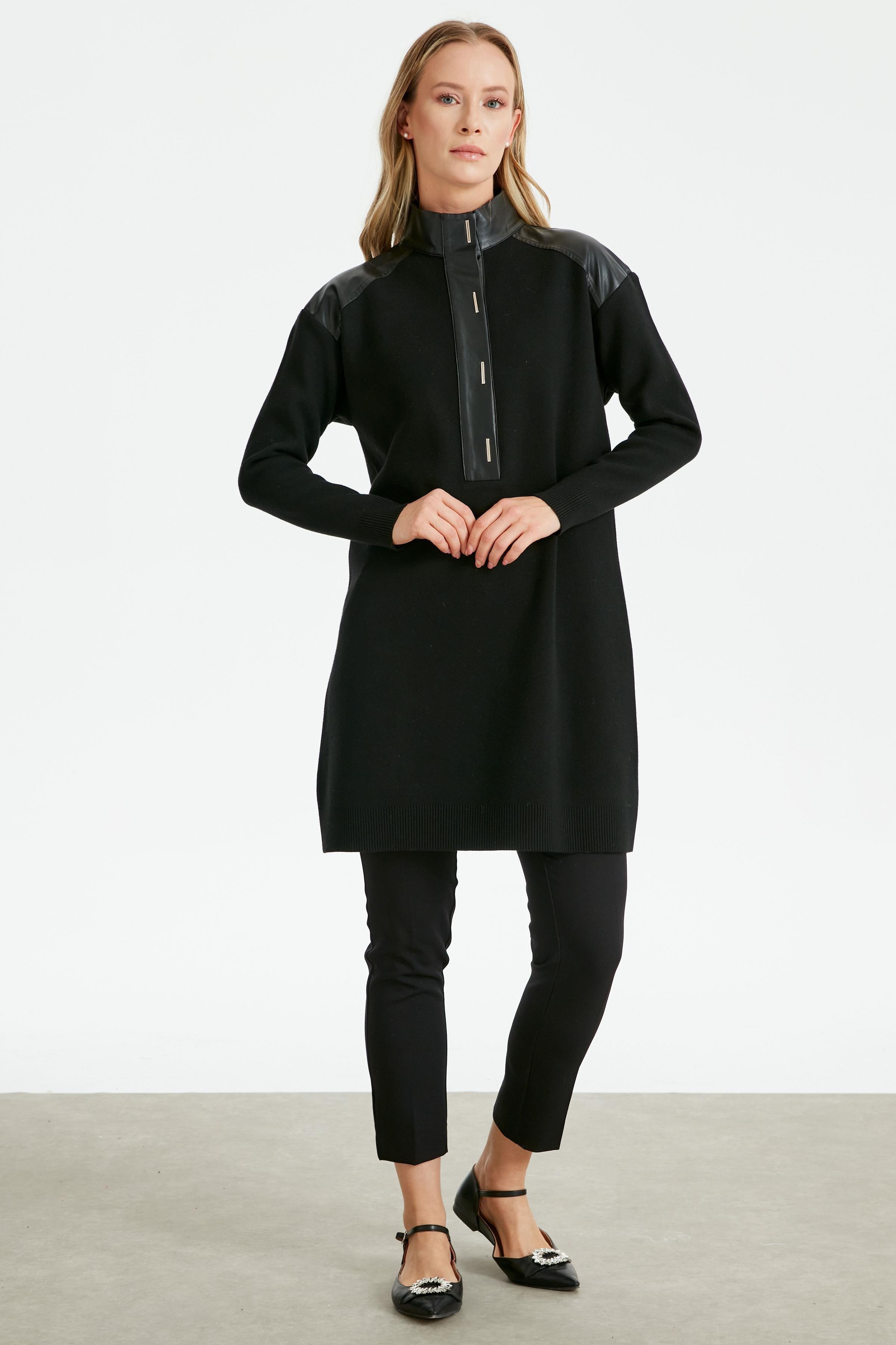 Deri Yarım Patlı Triko Tunik SİYAH