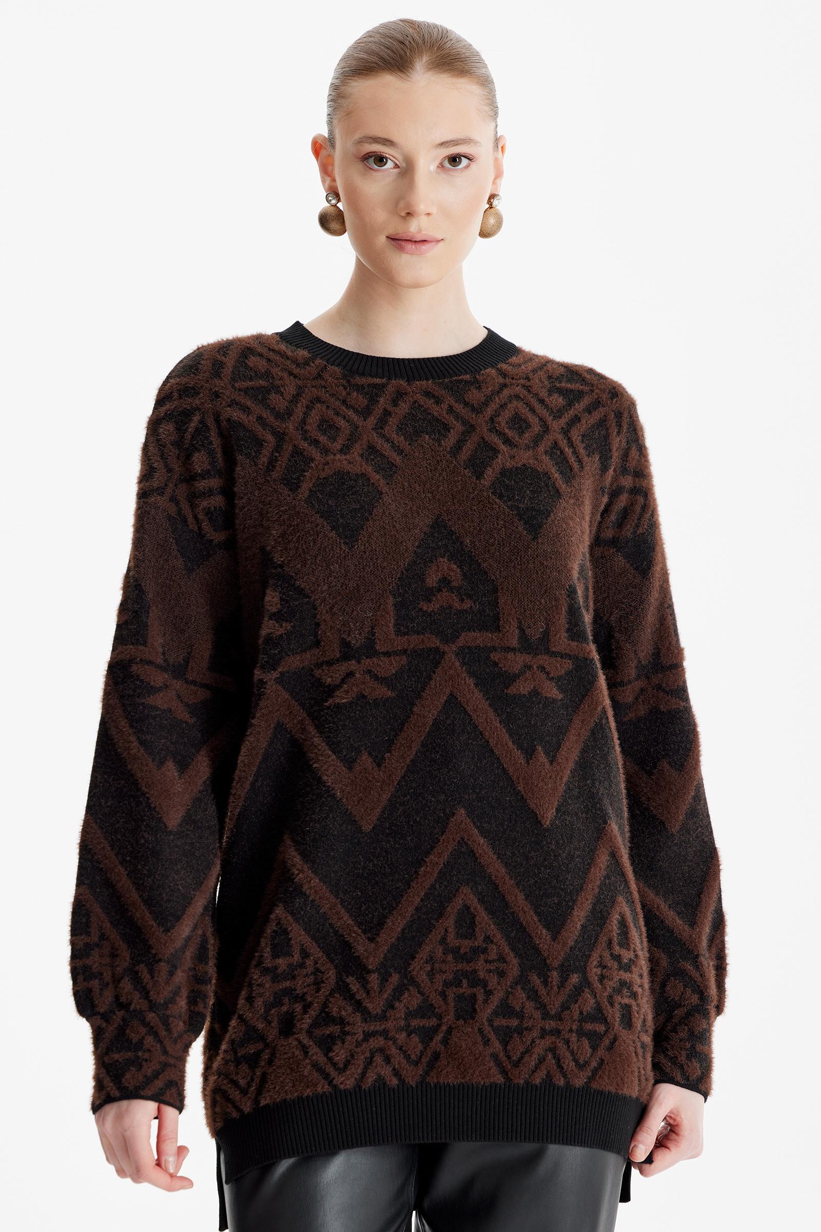 Desenli Sıfır Yaka Triko Tunik KAHVE