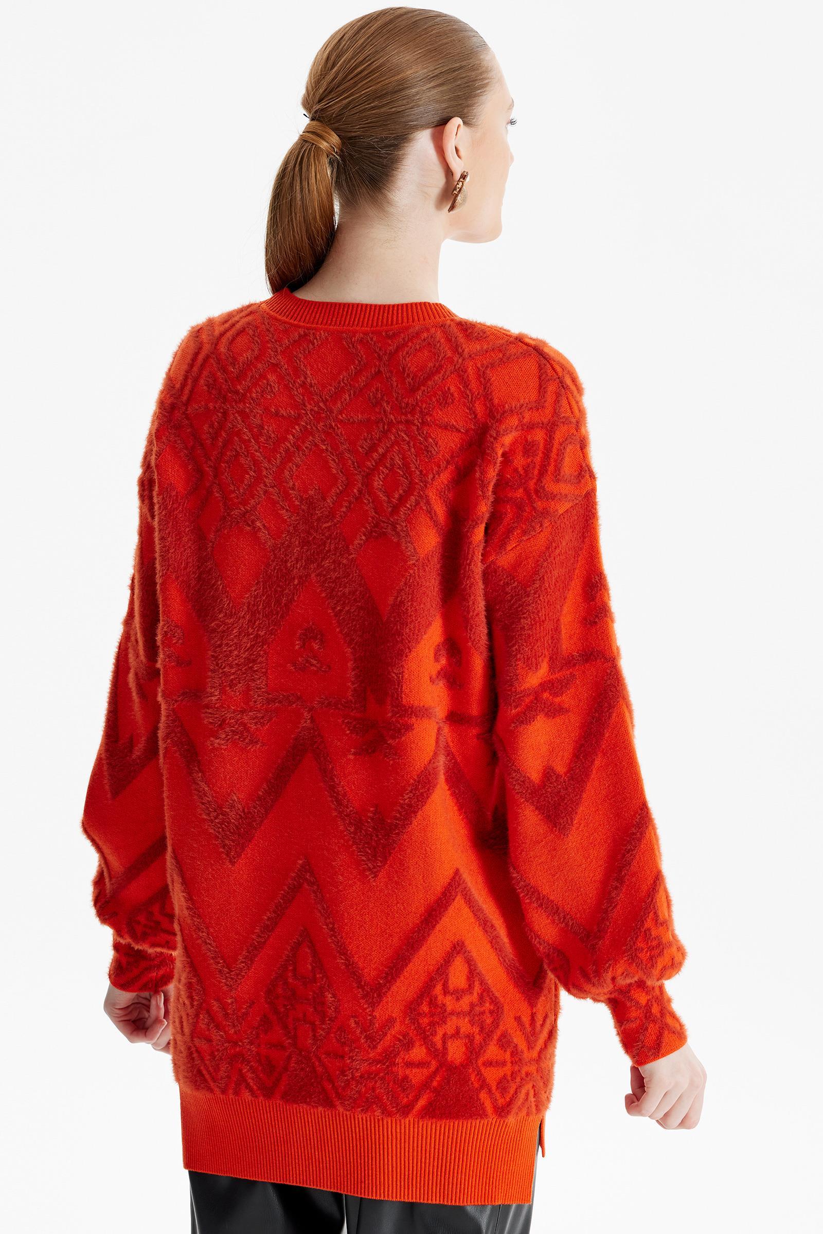 Desenli Sıfır Yaka Triko Tunik ORANJ