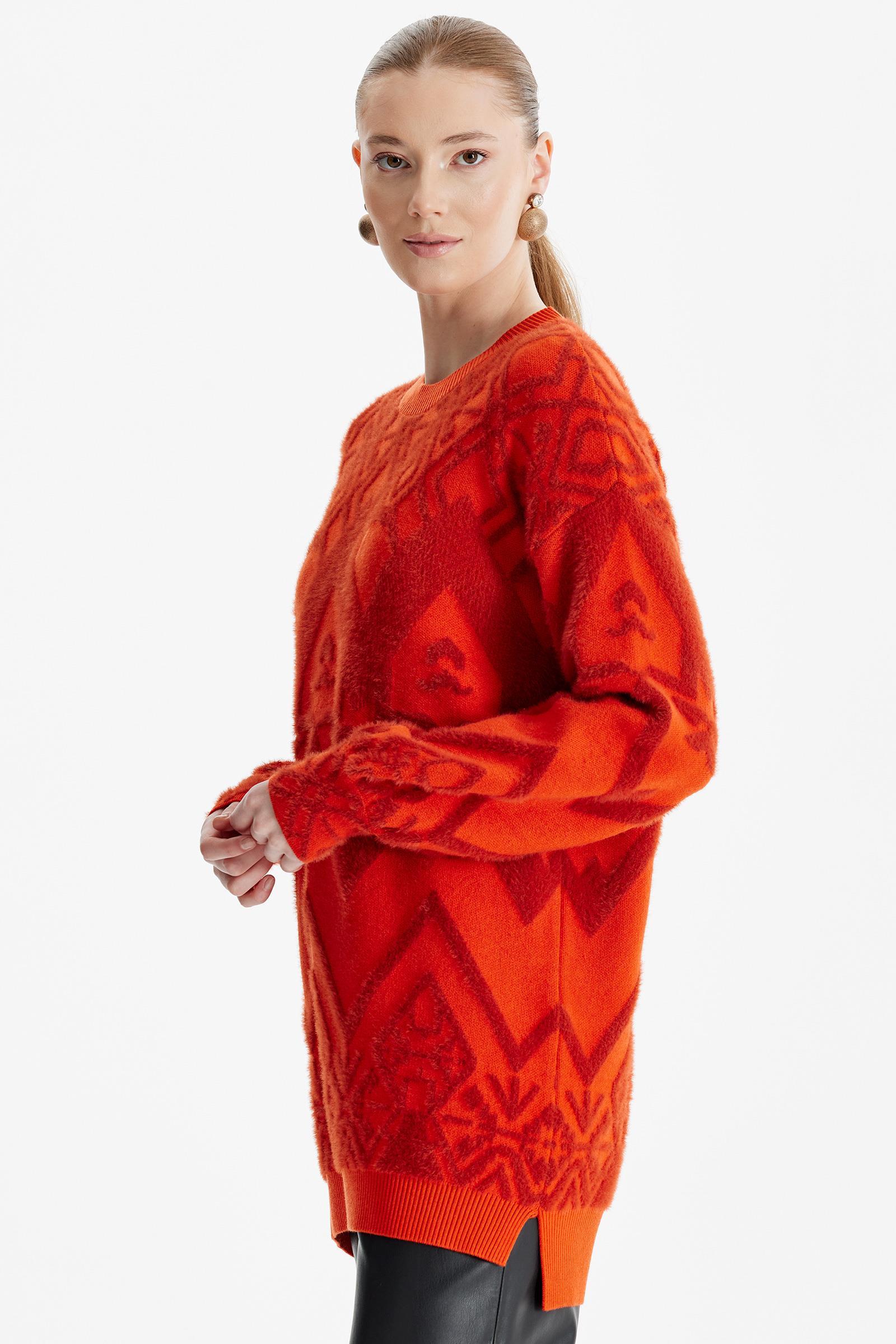 Desenli Sıfır Yaka Triko Tunik ORANJ