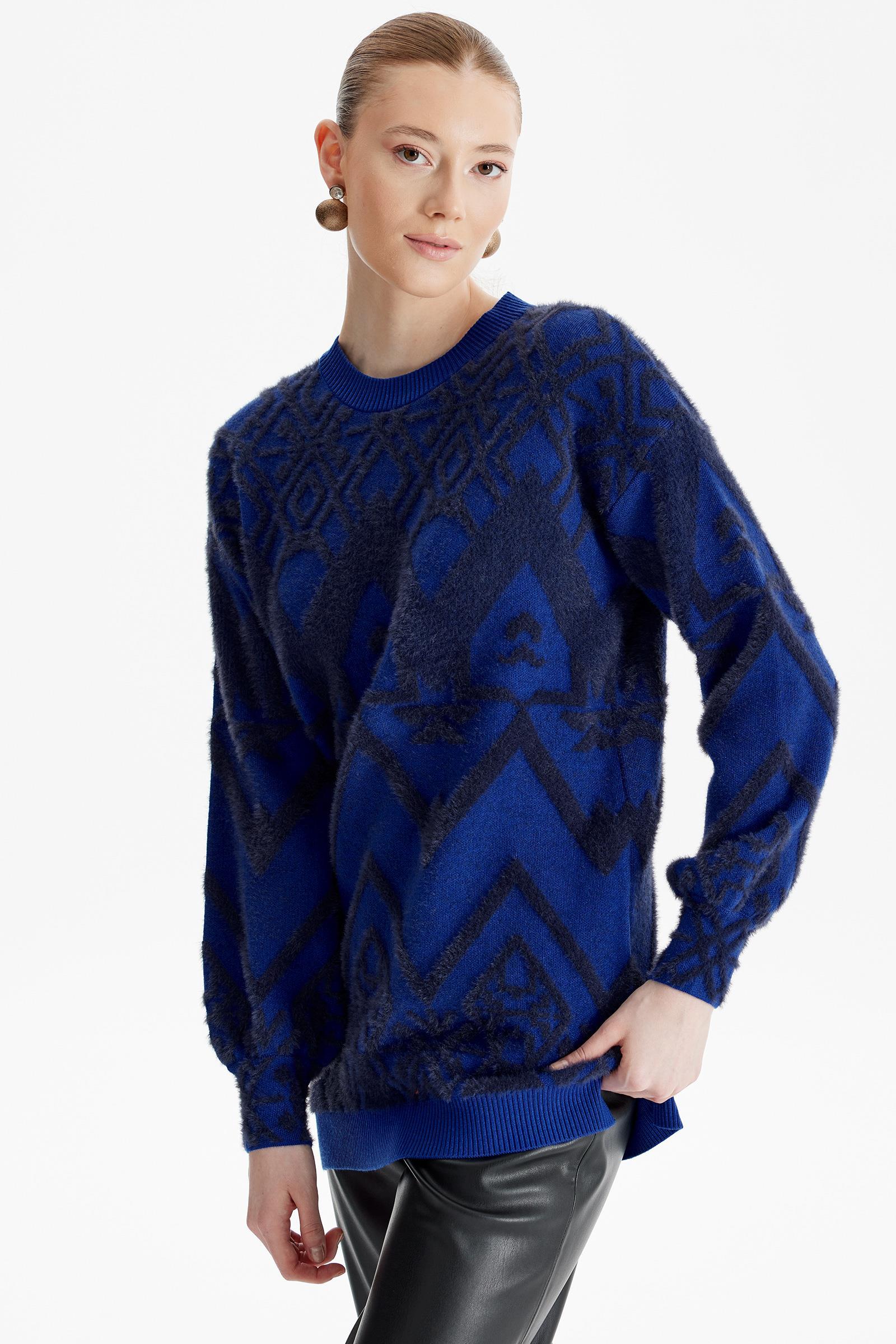 Desenli Sıfır Yaka Triko Tunik SAKS