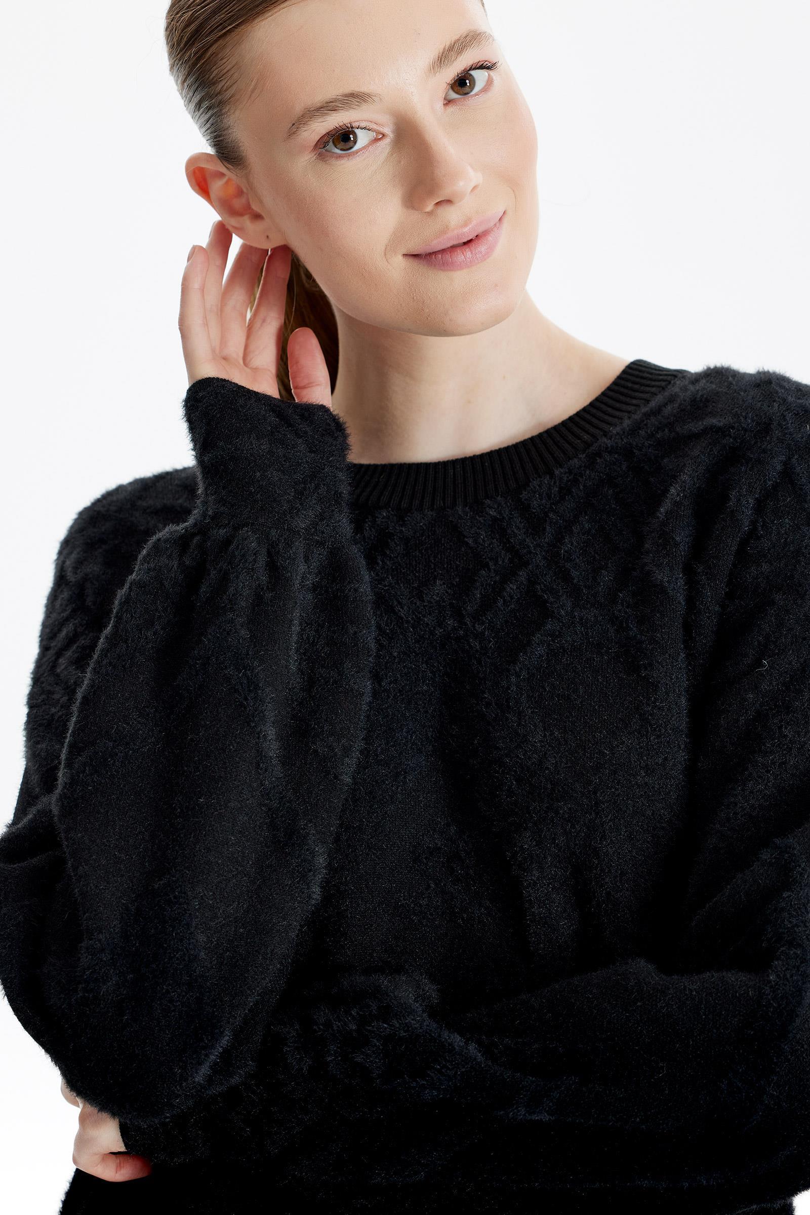 Desenli Sıfır Yaka Triko Tunik SİYAH