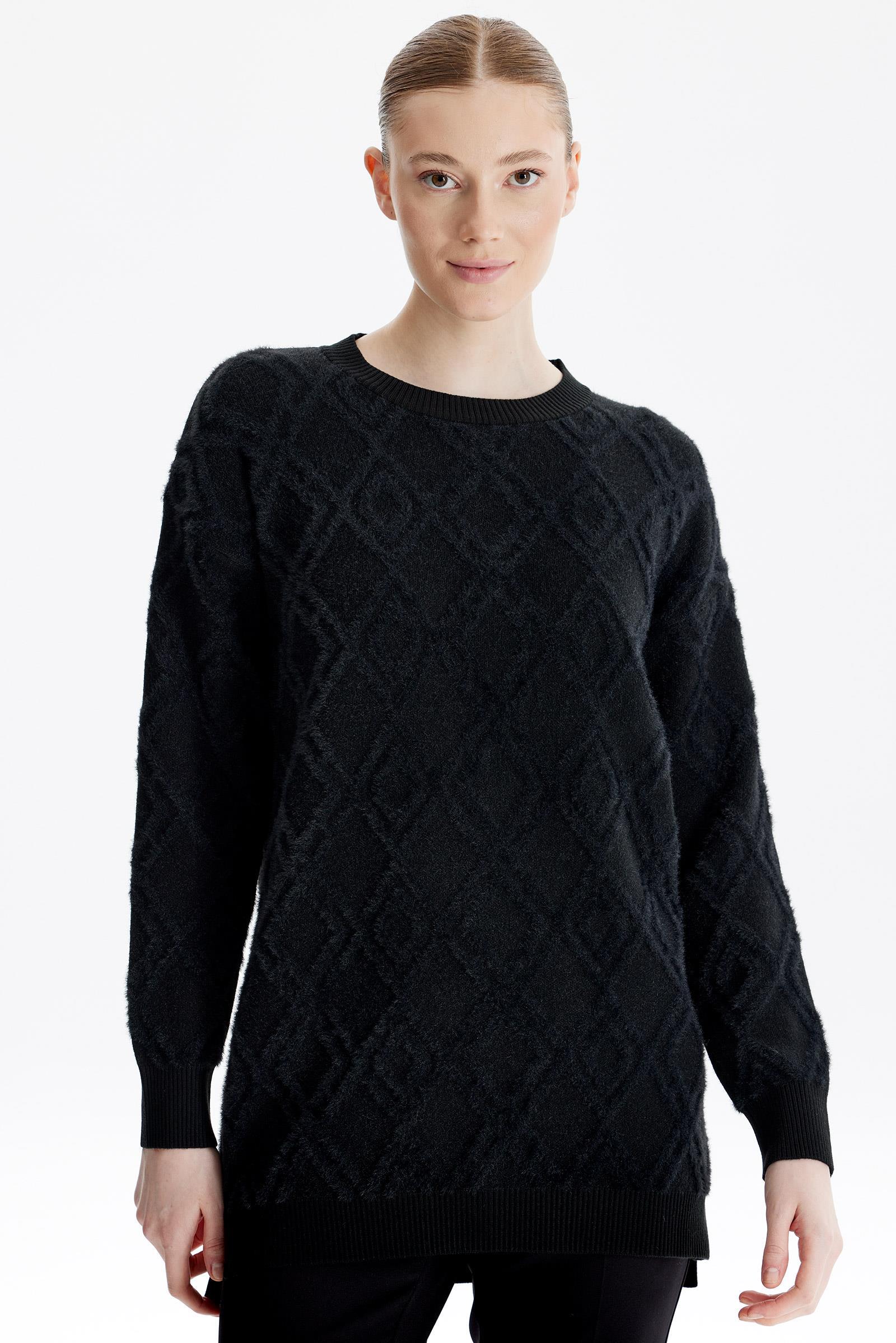 Desenli Sıfır Yaka Triko Tunik SİYAH