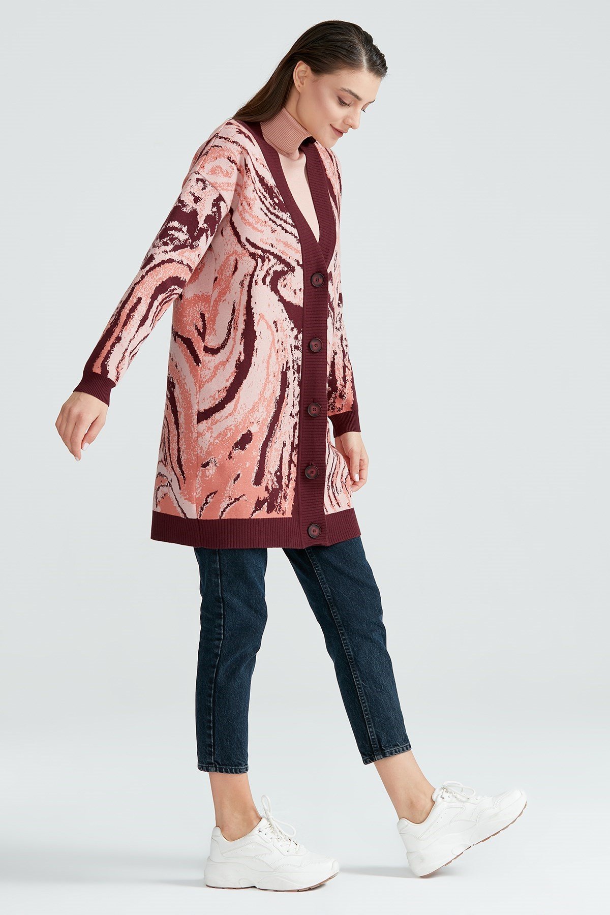 Ebruli  Desenli Triko Hırka MÜRDÜM