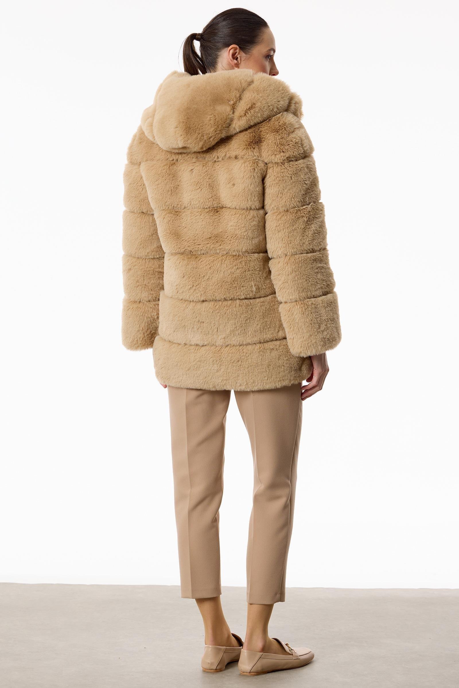 Enine Çizgili Kapşonlu Kürk Kaban CAMEL