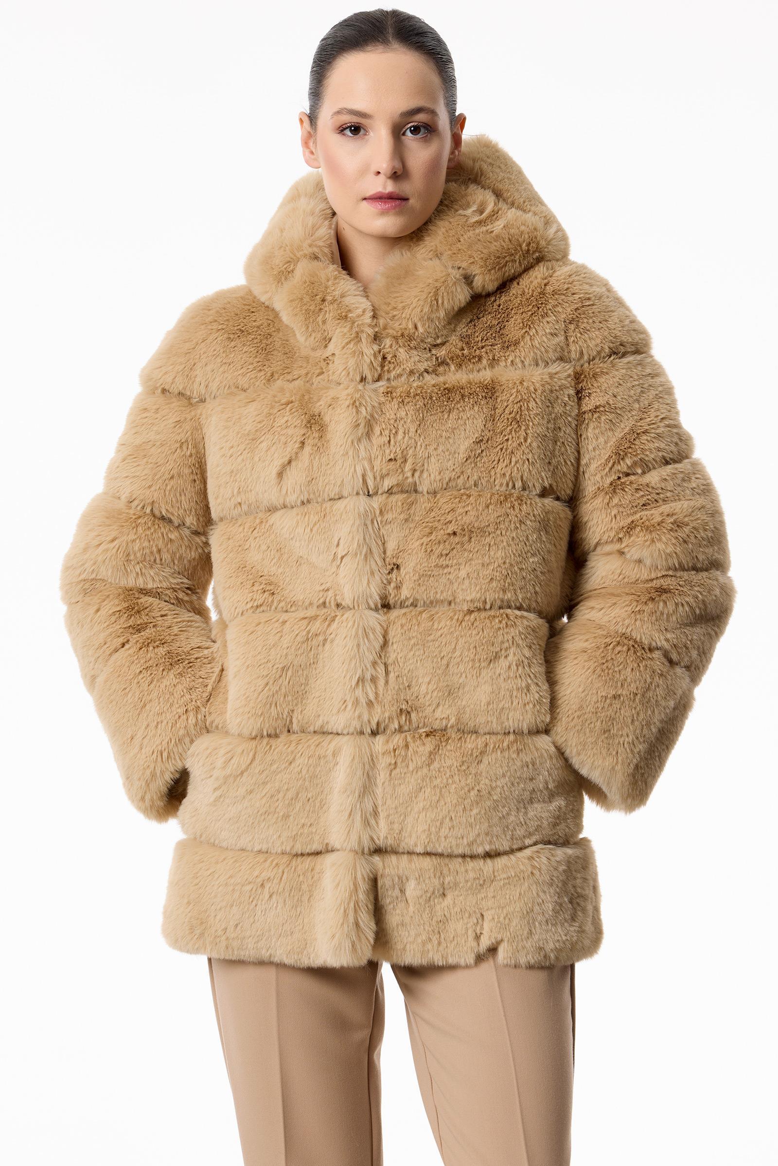 Enine Çizgili Kapşonlu Kürk Kaban CAMEL