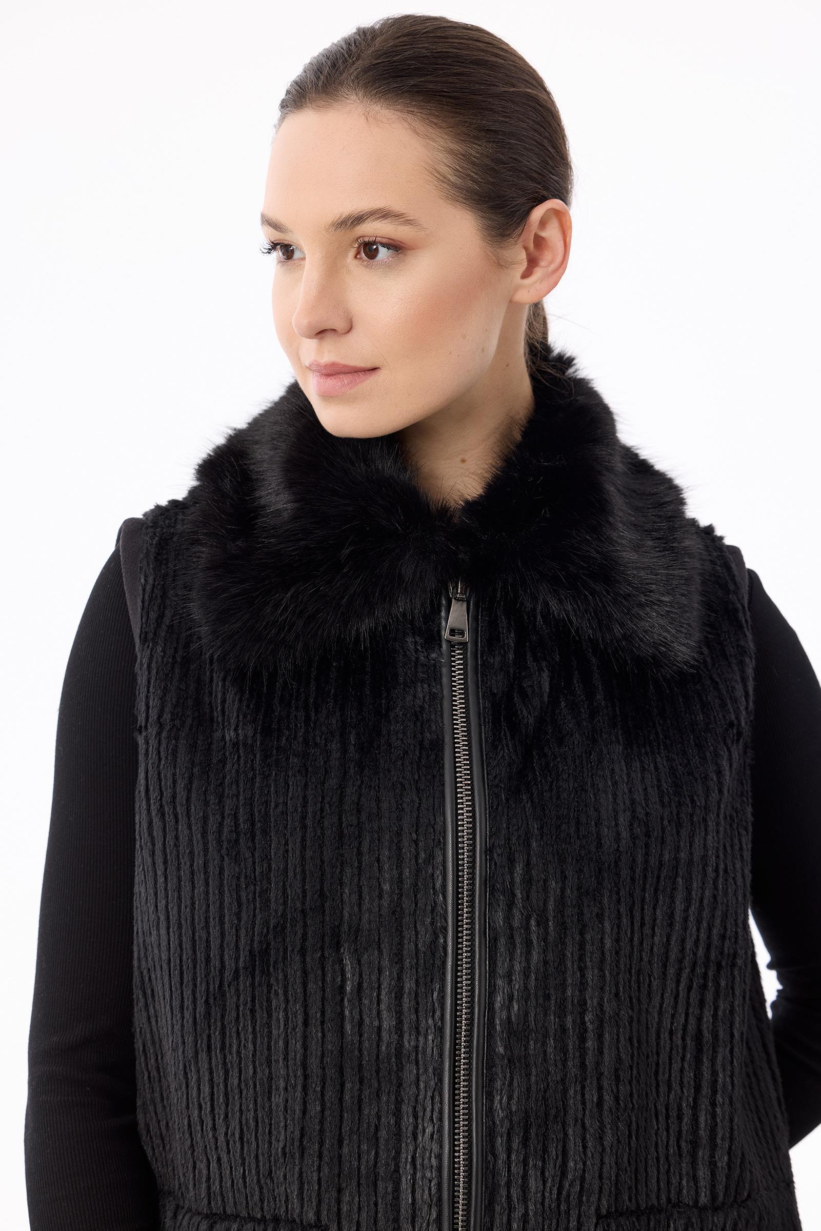 Fermuar Ve Deri Detaylı Fitilli Kürk Yelek SİYAH