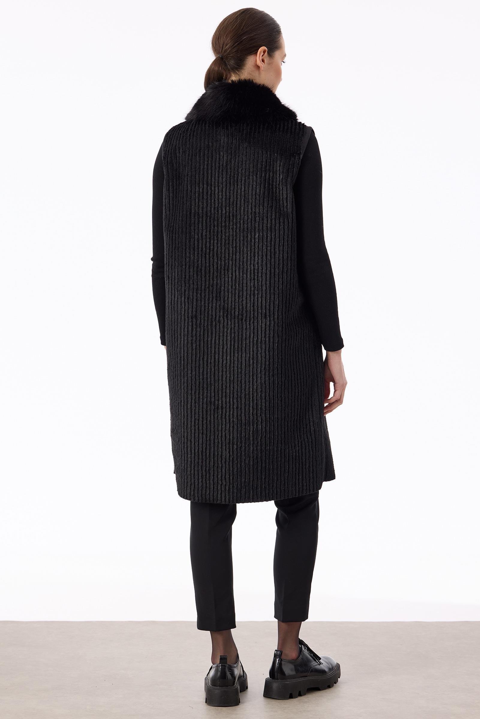 Fermuar Ve Deri Detaylı Fitilli Kürk Yelek SİYAH