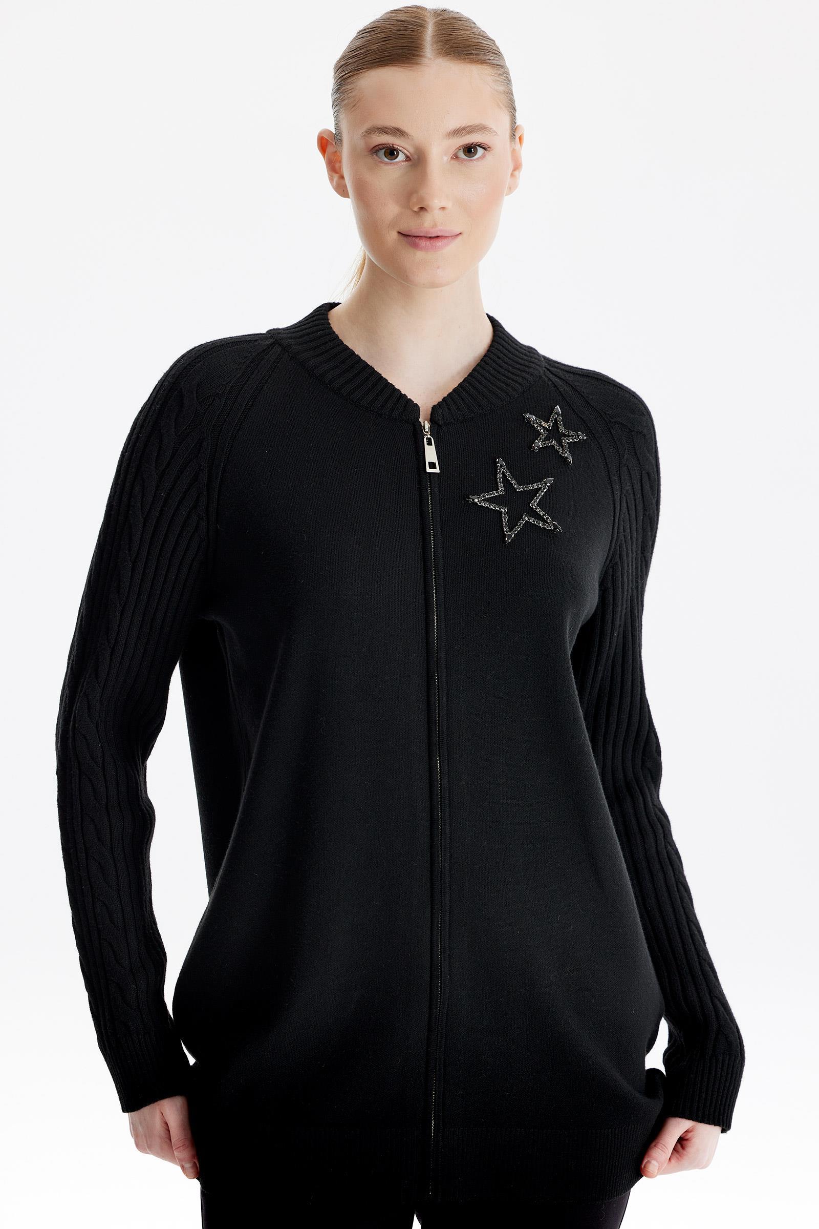 Fermuarlı Kolları Saç Örgülü Hırka SİYAH