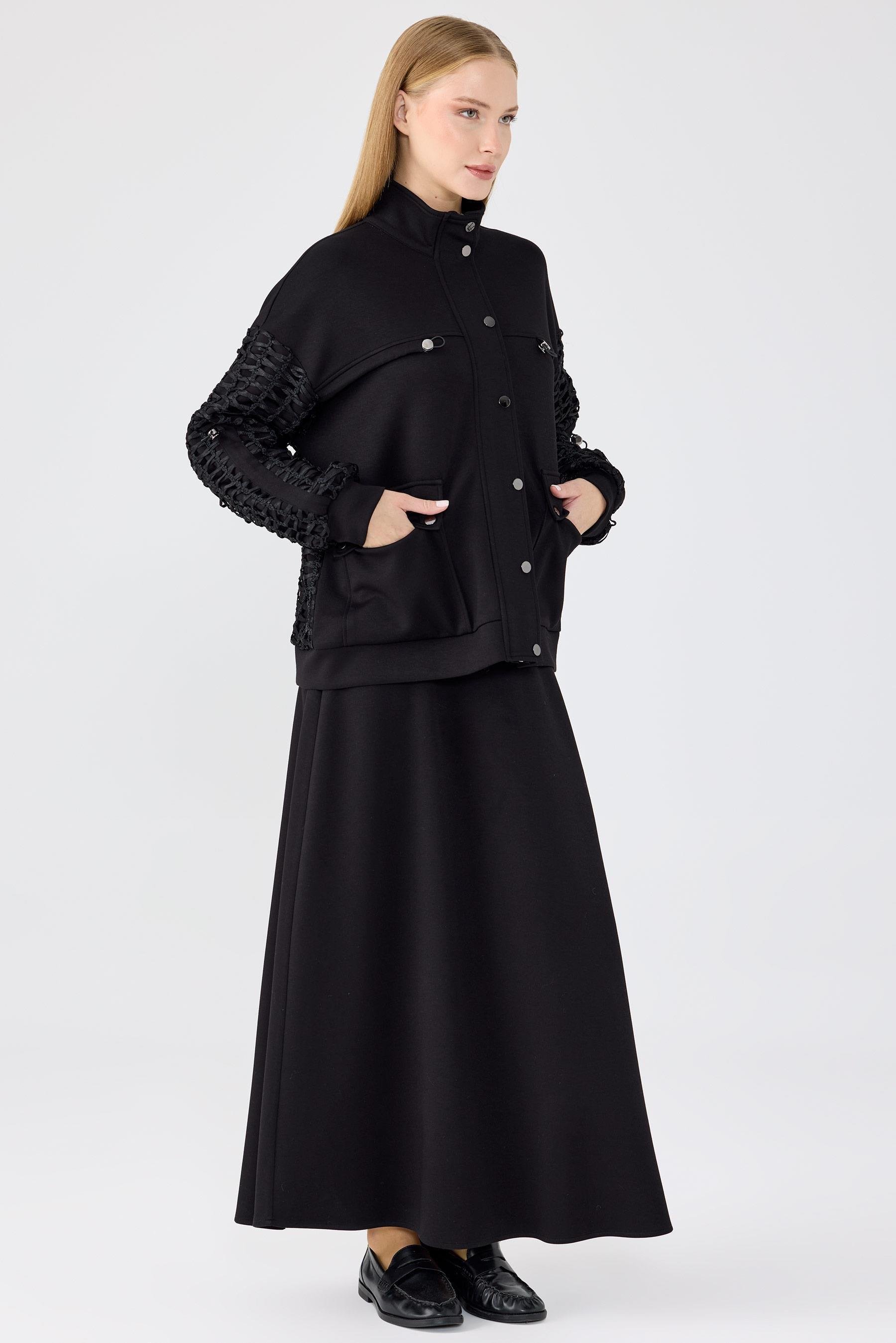 File Detaylı Ceket Etek Takım SİYAH