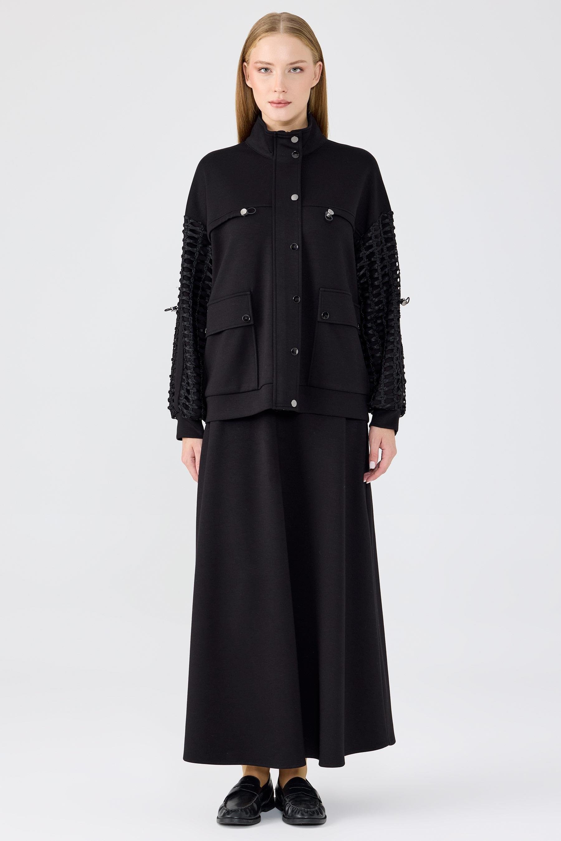 File Detaylı Ceket Etek Takım SİYAH