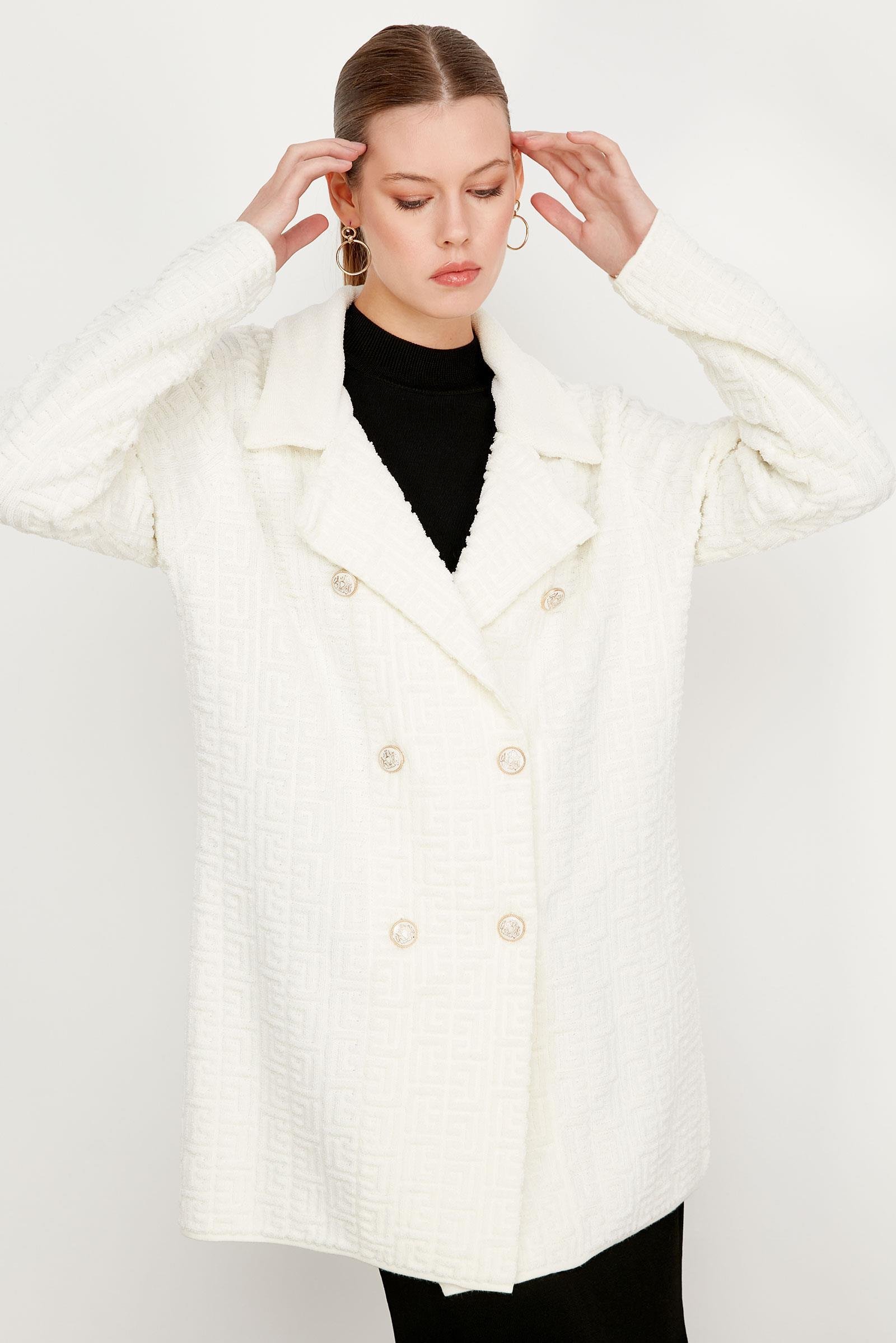 Havlu Örgülü Kruvaze Rayon Triko Hırka EKRU