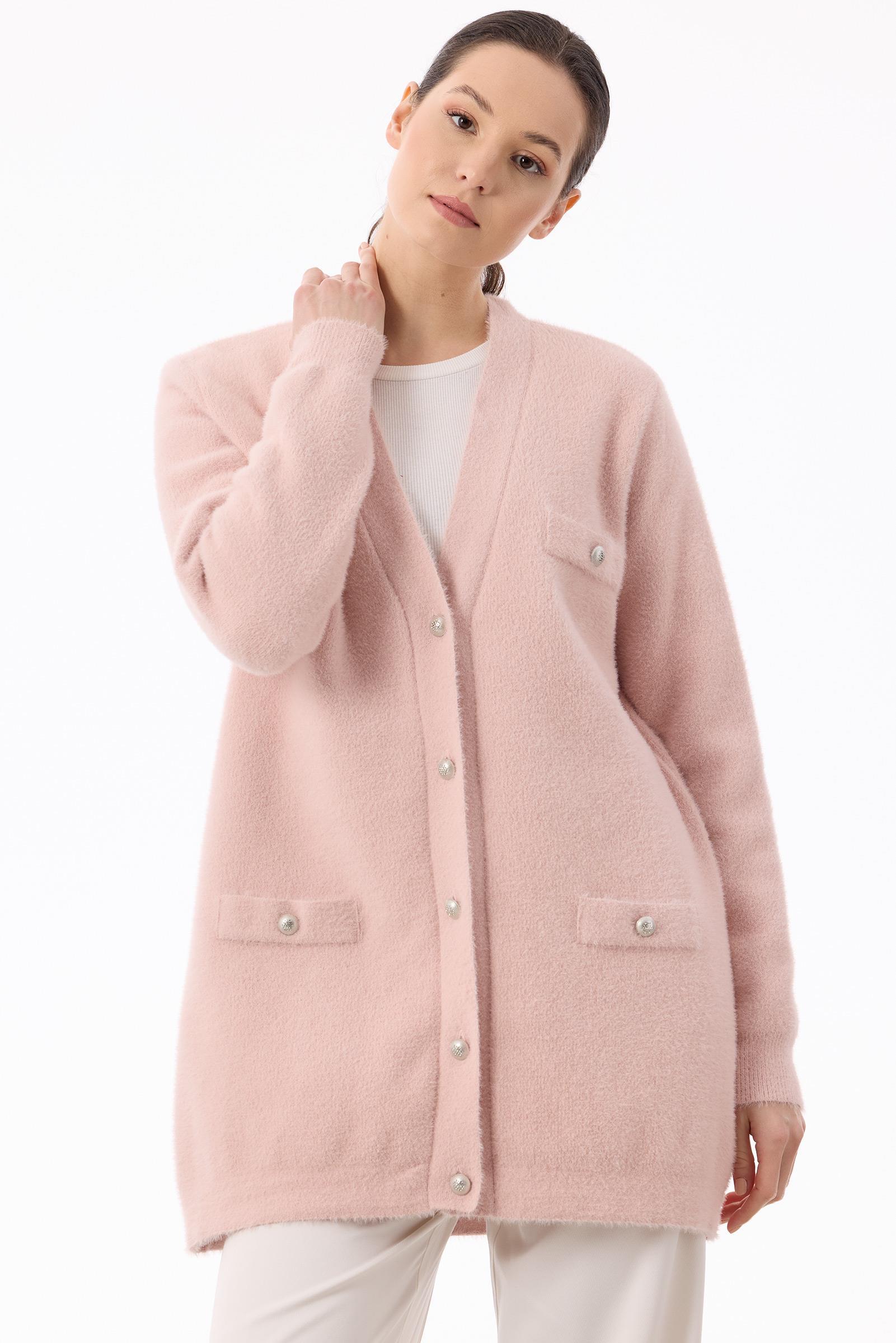 İnci Düğmeli Triko Hırka AÇIK PEMBE