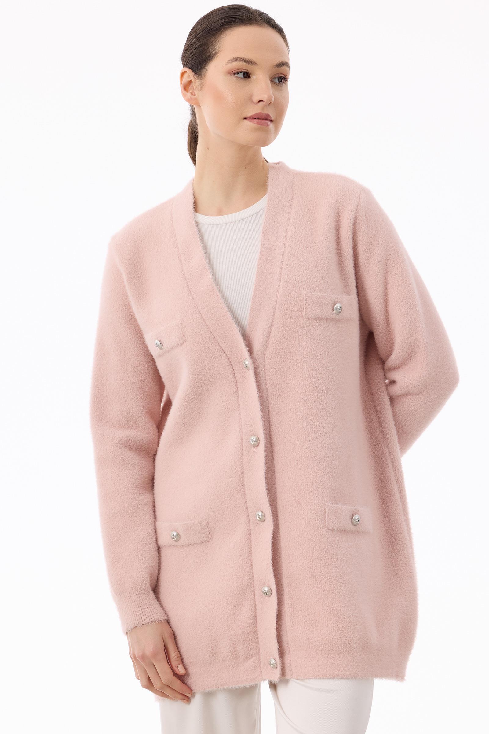 İnci Düğmeli Triko Hırka AÇIK PEMBE