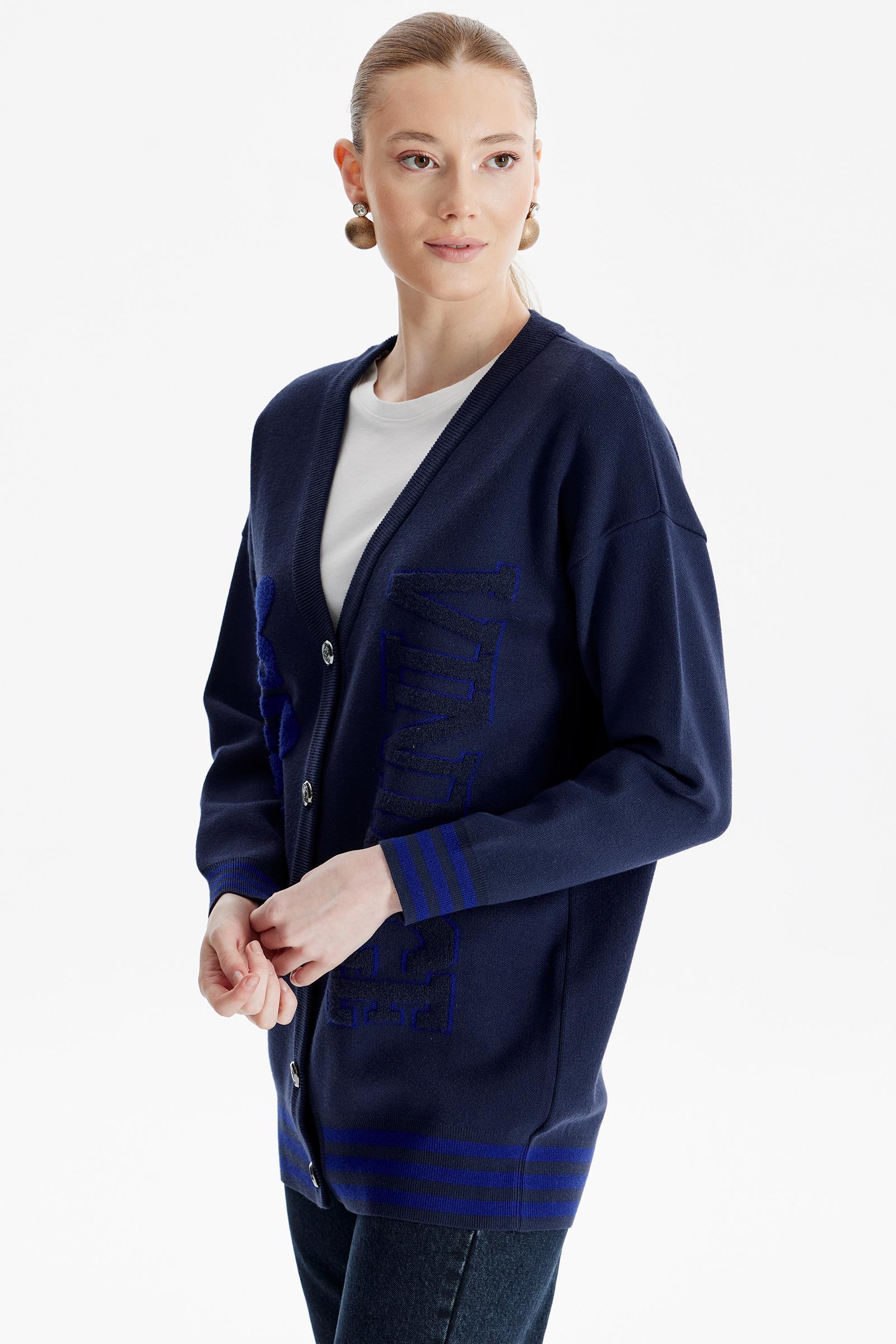 Kabartma Yazılı Triko  Hırka LACİVERT