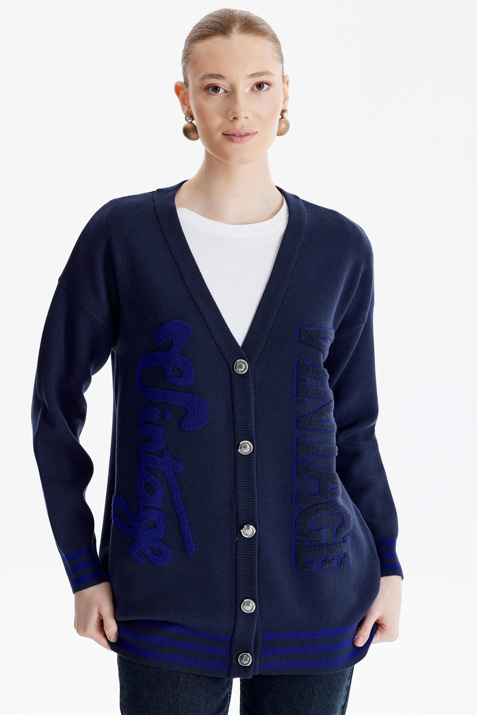 Kabartma Yazılı Triko  Hırka LACİVERT