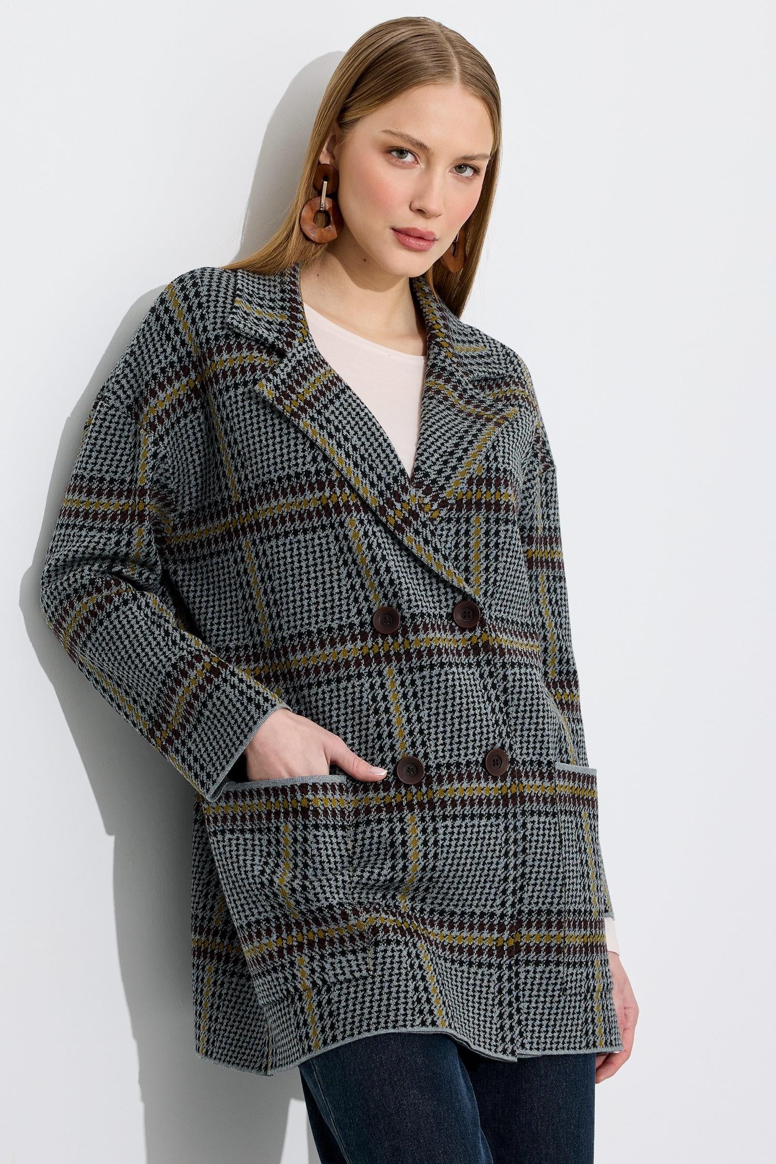 Kazayağı Desenli Blazer Hırka GRİ