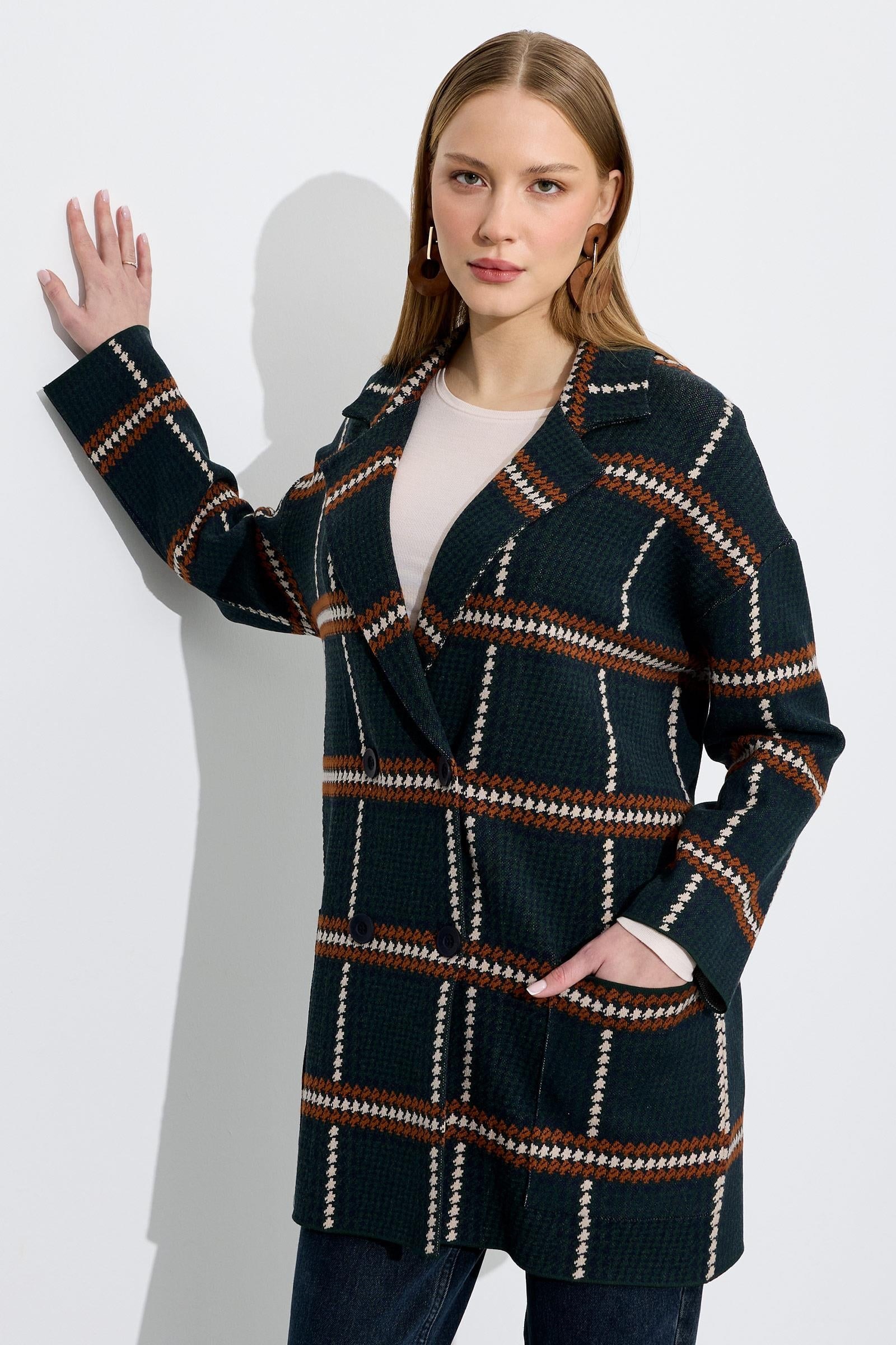 Kazayağı Desenli Blazer Hırka YEŞİL