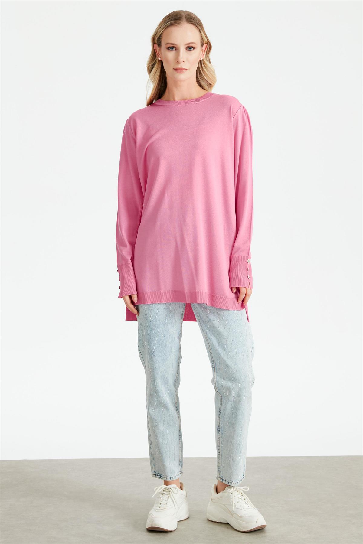 KOLLARI BÜZGÜLÜ DÜĞME DETAYLI RAYON TUNİK PEMBE