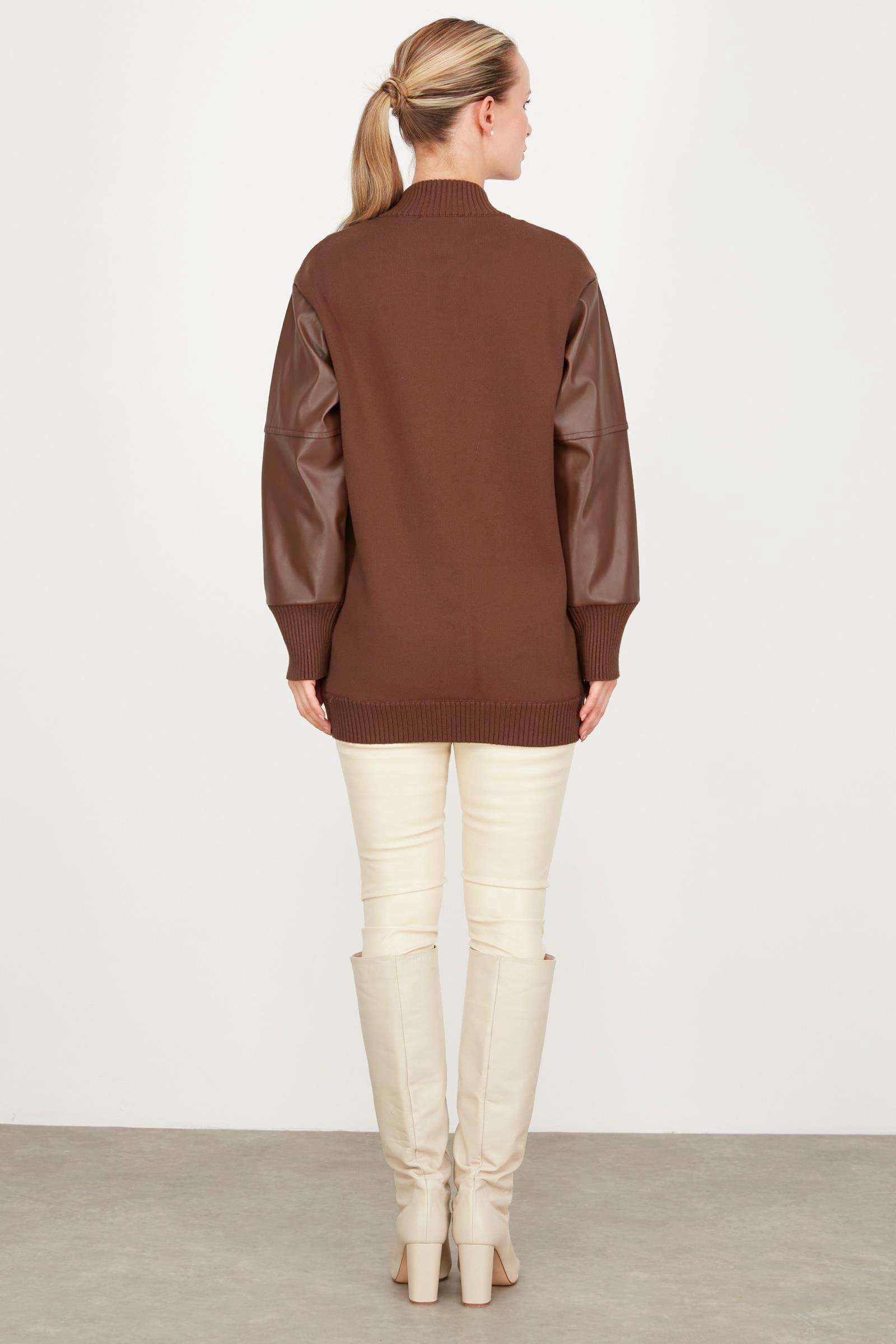 Kolları Deri Garnili Triko Bomber Ceket KAHVE