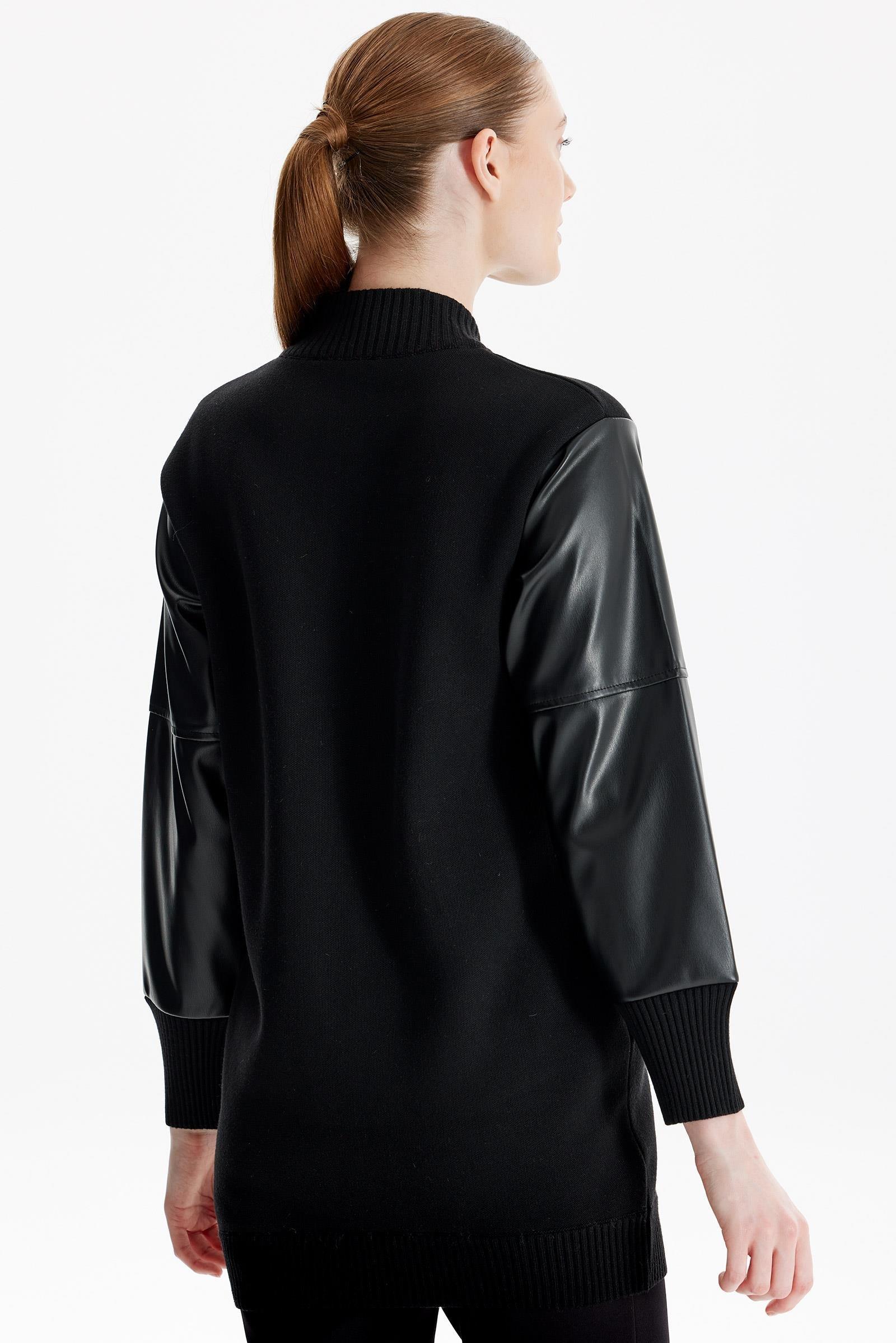 Kolları Deri Garnili Triko Bomber Ceket SİYAH