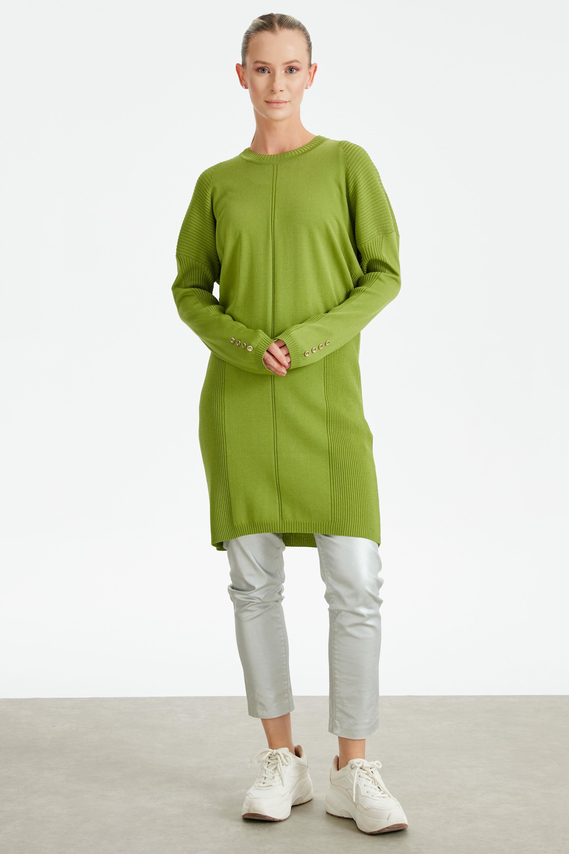 Kolları Düğmeli Örgü Detaylı Rayon Tunik YEŞİL