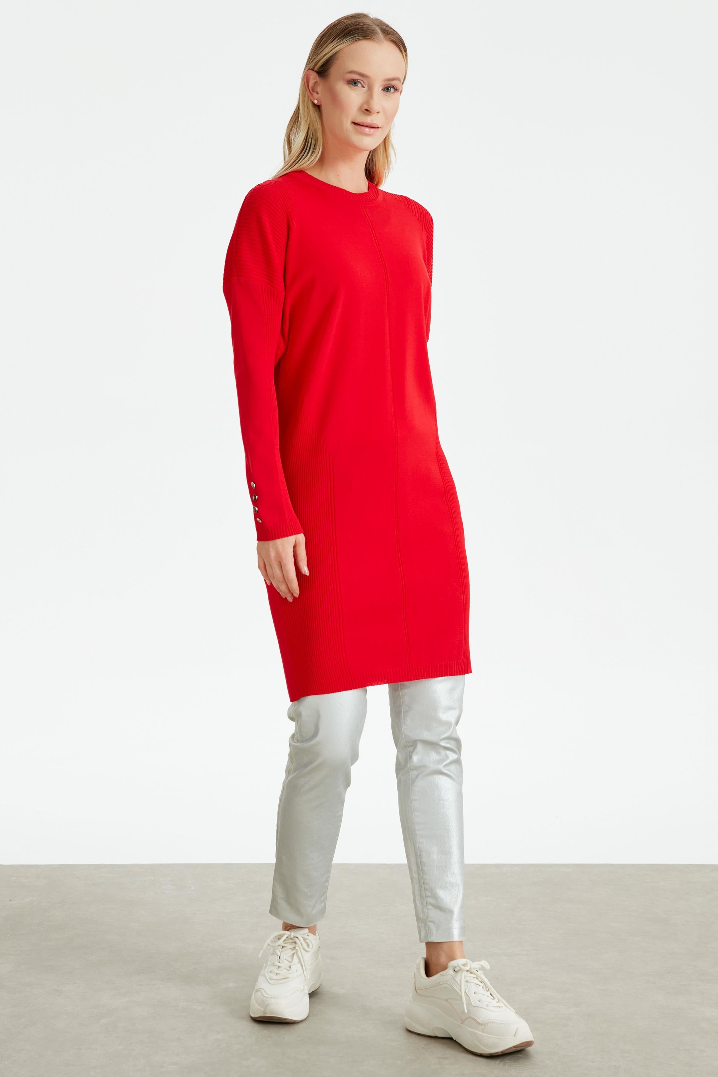 Kolları Düğmeli Örgü Detaylı Rayon Tunik KIRMIZI