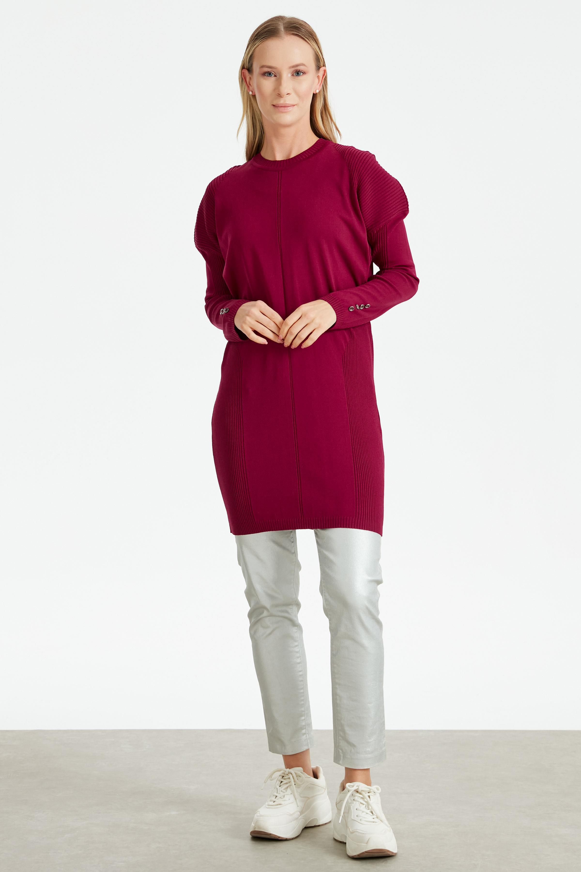 Kolları Düğmeli Örgü Detaylı Rayon Tunik MÜRDÜM