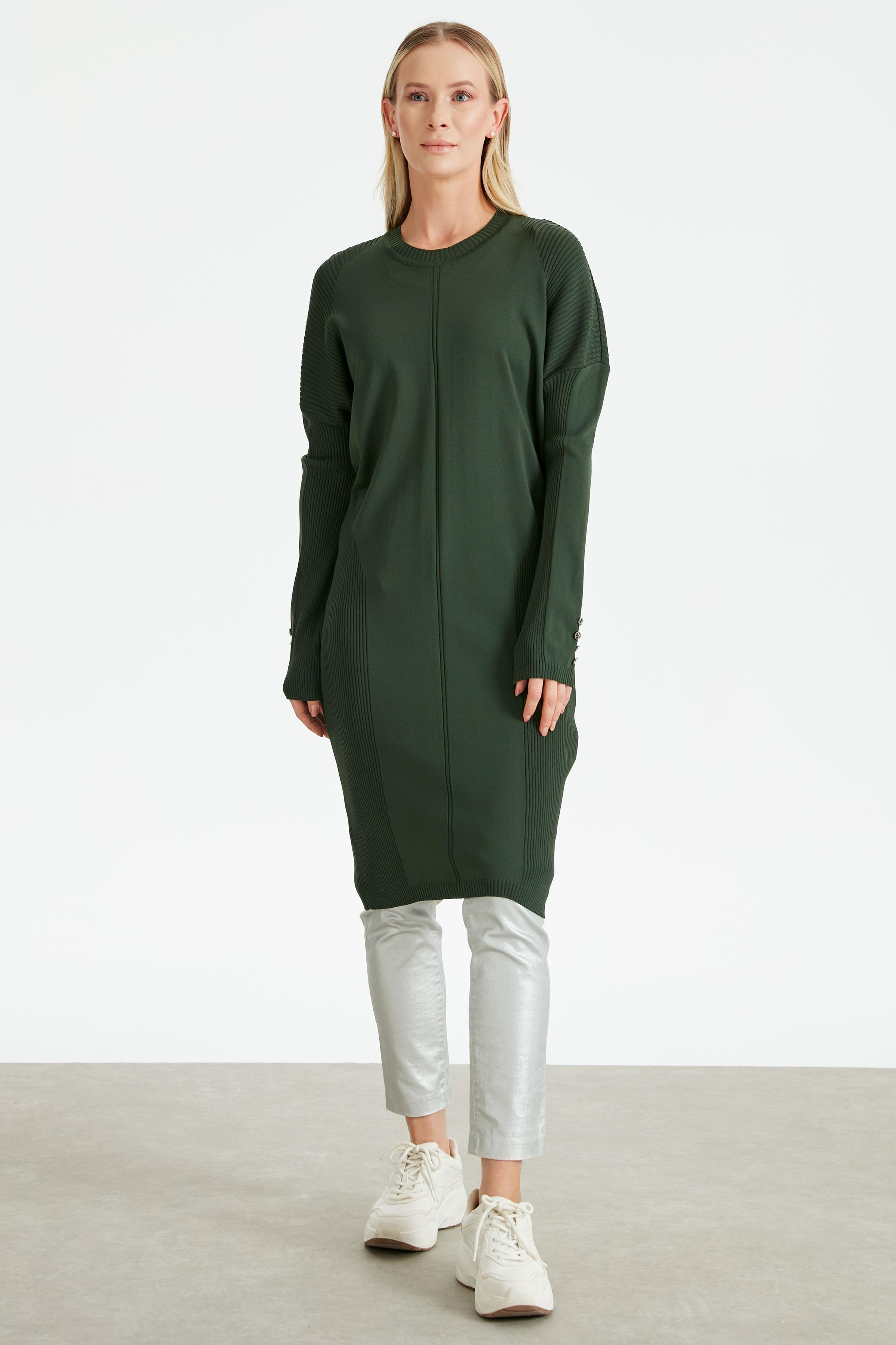 Kolları Düğmeli Örgü Detaylı Rayon Tunik K.YEŞİL
