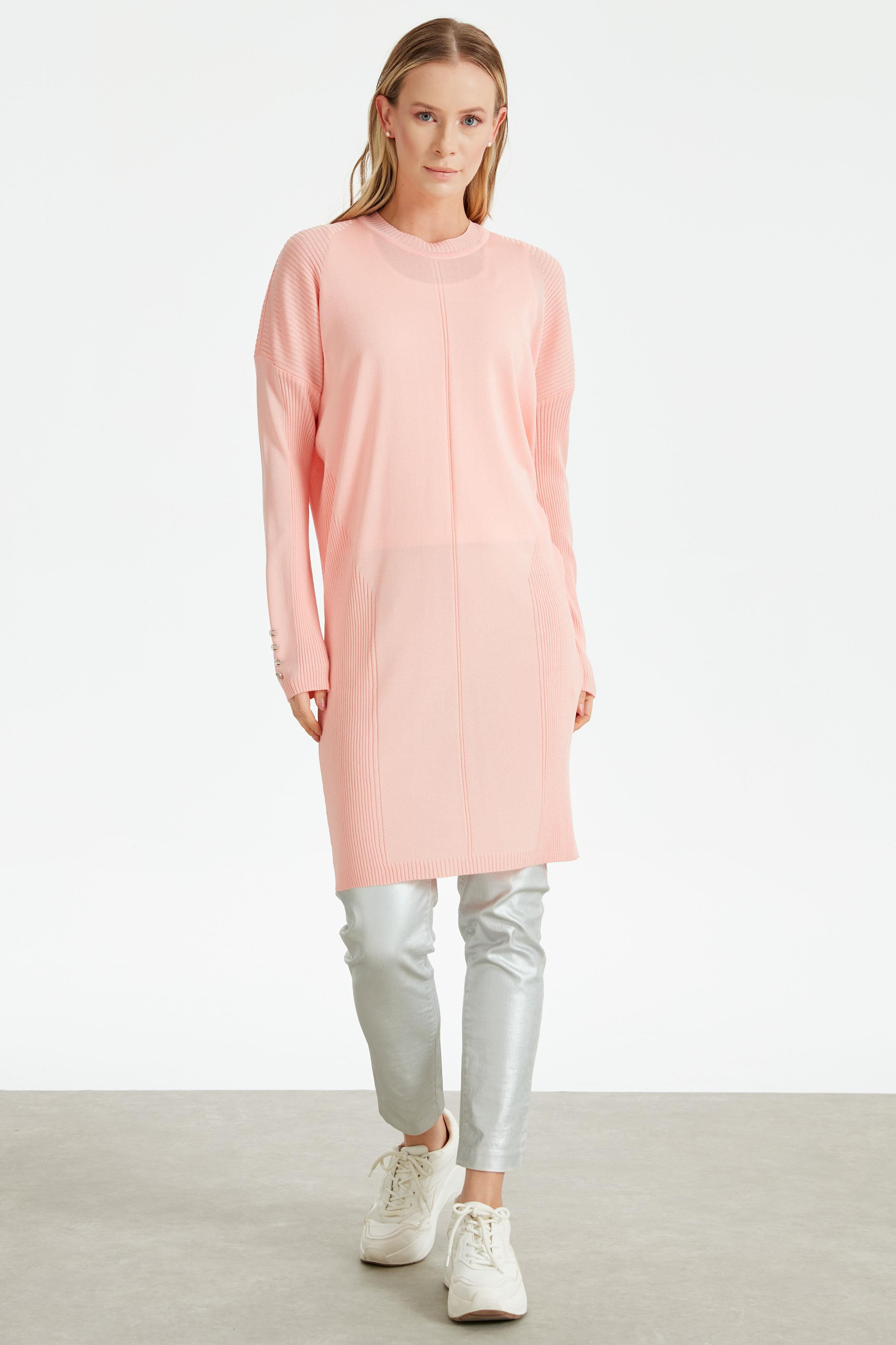 Kolları Düğmeli Örgü Detaylı Rayon Tunik KARİDES