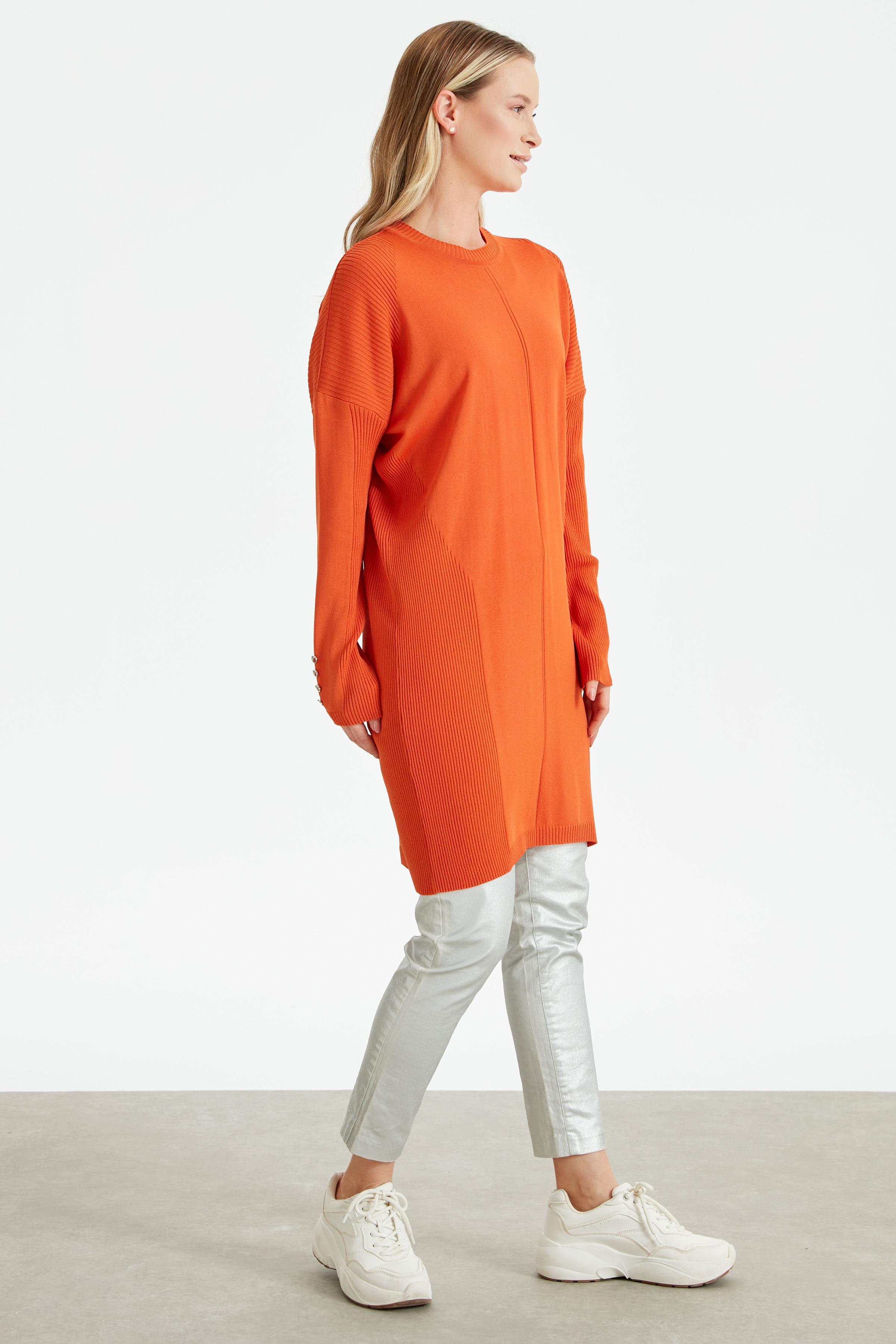 Kolları Düğmeli Örgü Detaylı Rayon Tunik KİREMİT