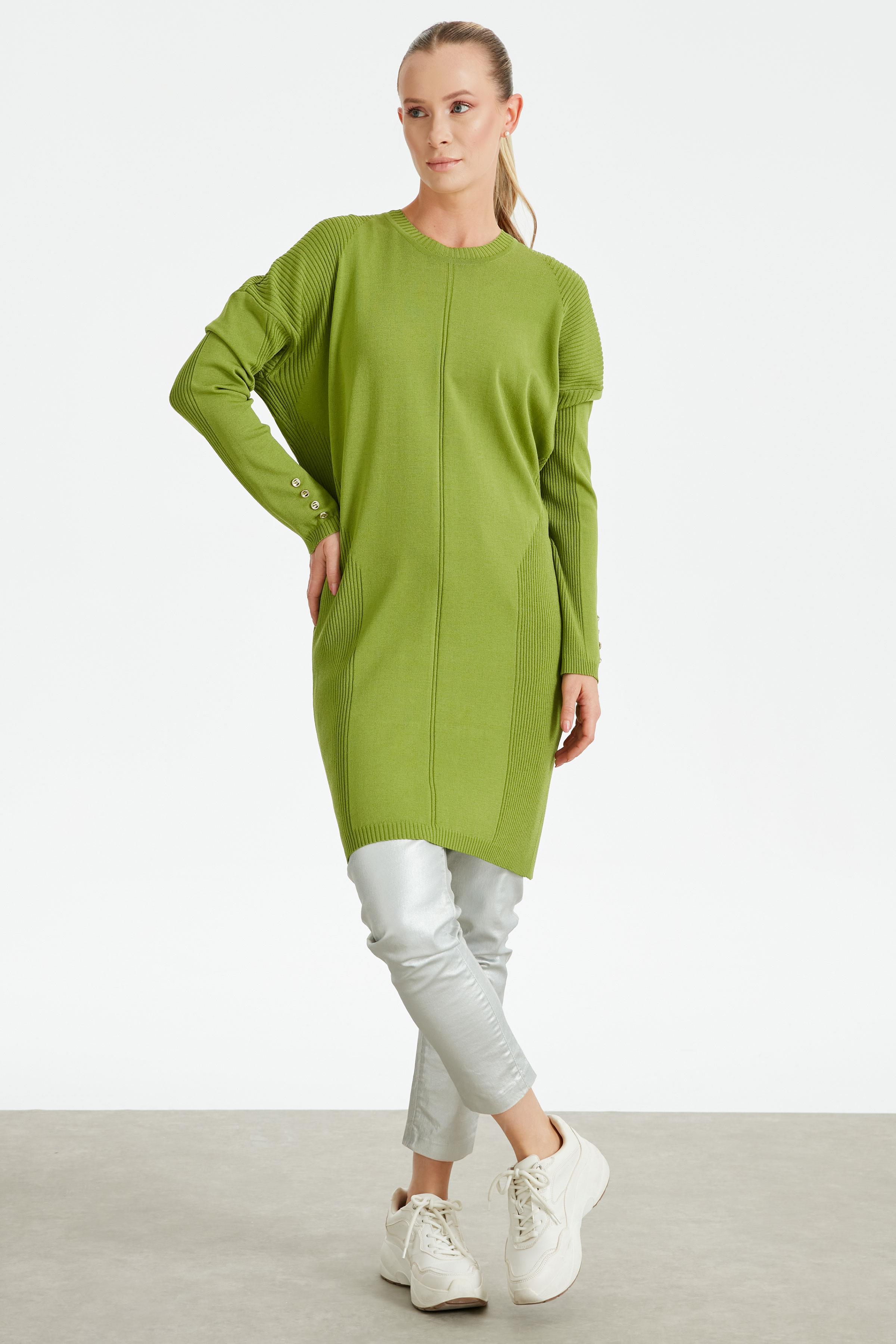 Kolları Düğmeli Örgü Detaylı Rayon Tunik YEŞİL