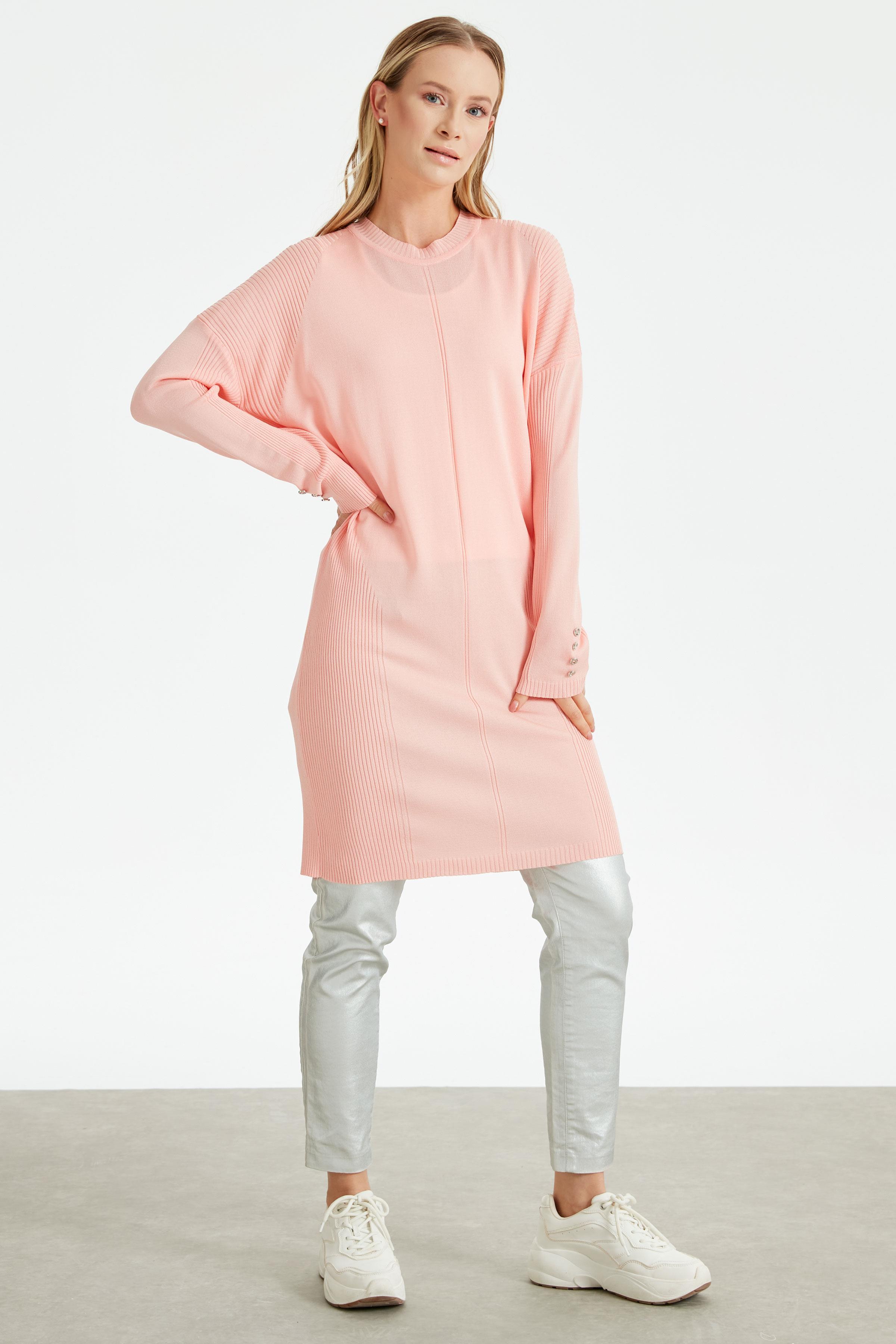 Kolları Düğmeli Örgü Detaylı Rayon Tunik KARİDES