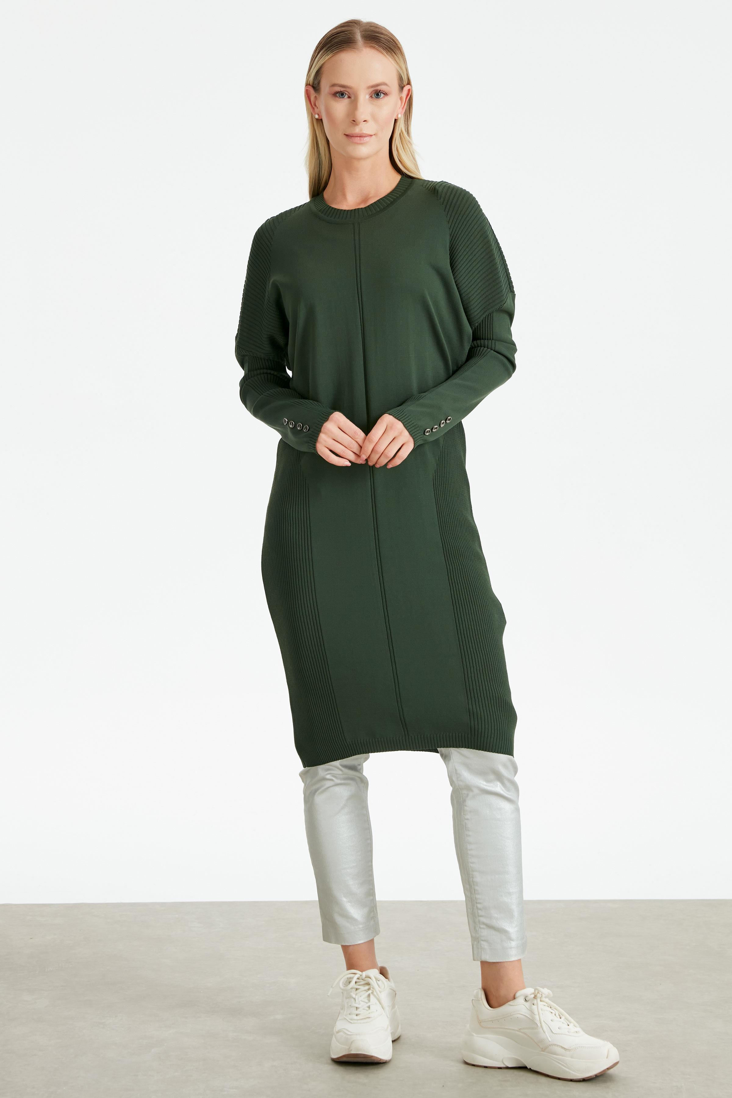 Kolları Düğmeli Örgü Detaylı Rayon Tunik K.YEŞİL