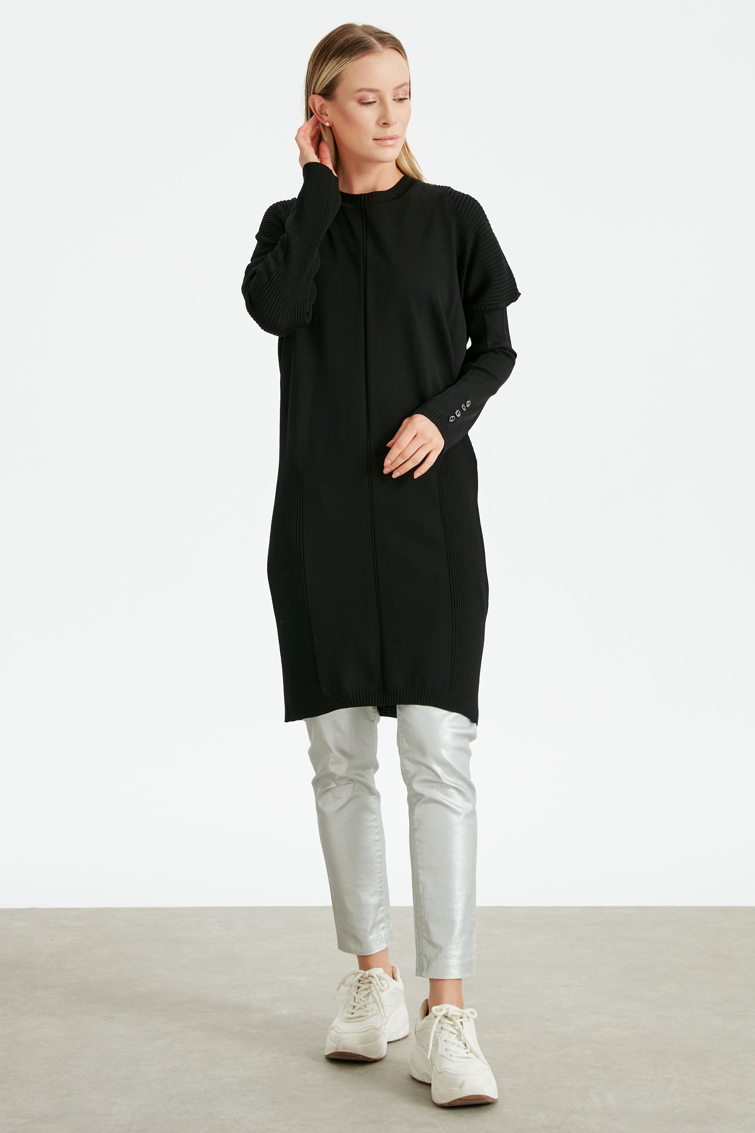 Kolları Düğmeli Örgü Detaylı Rayon Tunik SİYAH