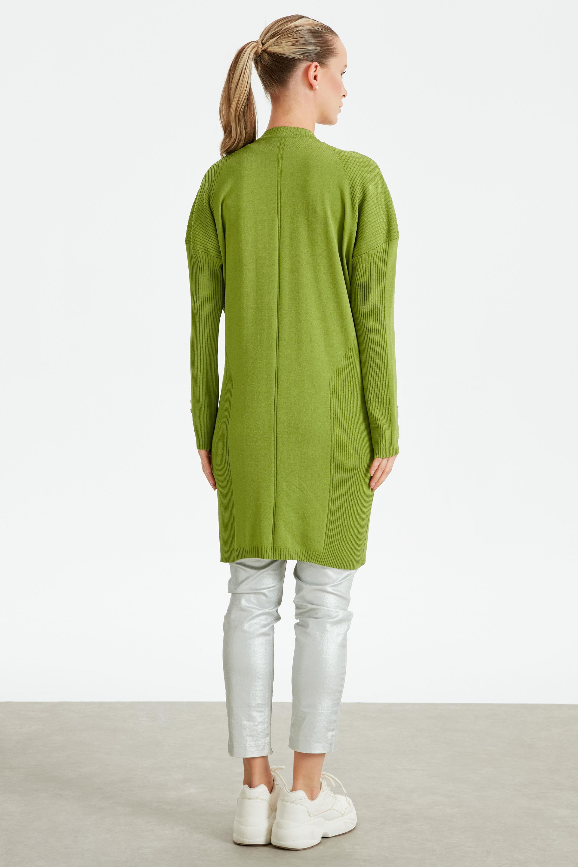 Kolları Düğmeli Örgü Detaylı Rayon Tunik YEŞİL